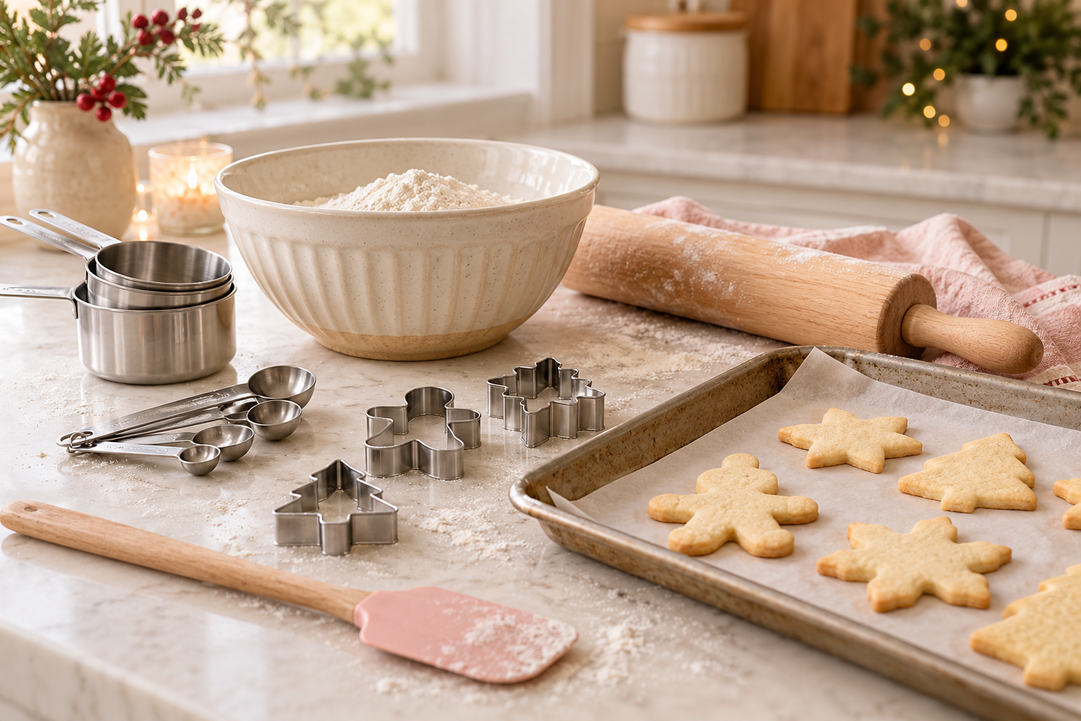 Measuring cups, mixing bowl, rolling pin, spatula and cookie cutters arranged for baking