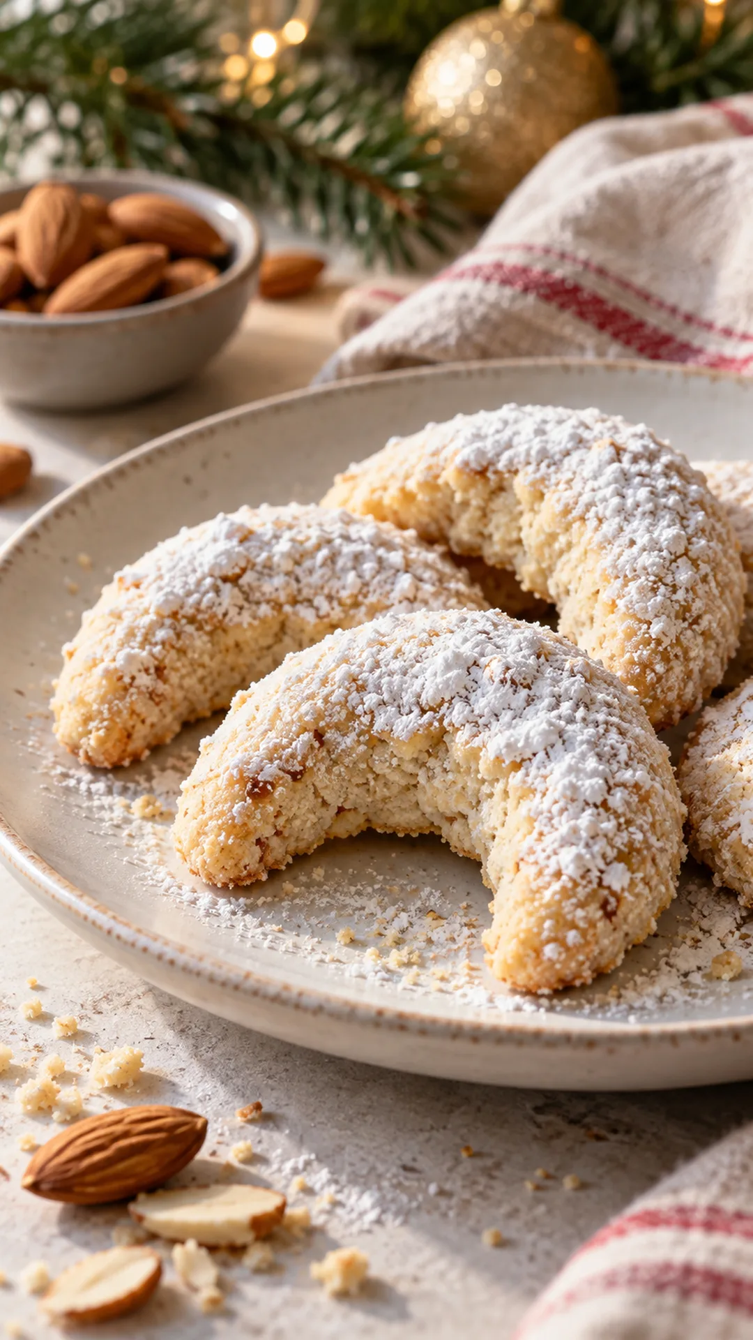 Almond Crescent Cookies cookies arranged on a plate, photographed close enough to show their baked surface and finish.