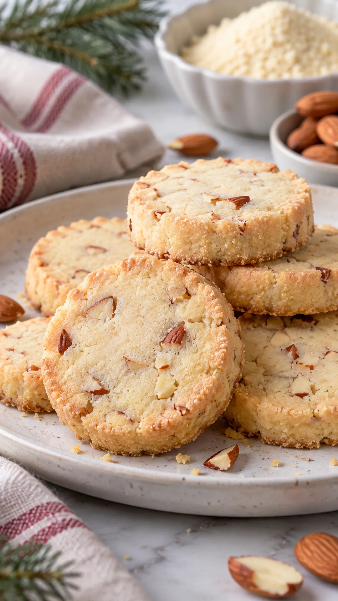 Almond Flour Freezer Shortbread cookies arranged on a plate, photographed close enough to show their baked surface and finish.