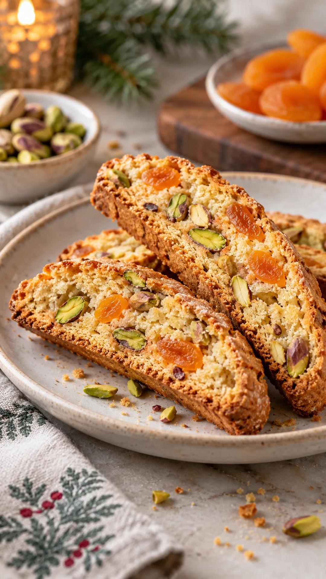 Apricot Pistachio Biscotti cookies arranged on a plate, photographed close enough to show their baked surface and finish.