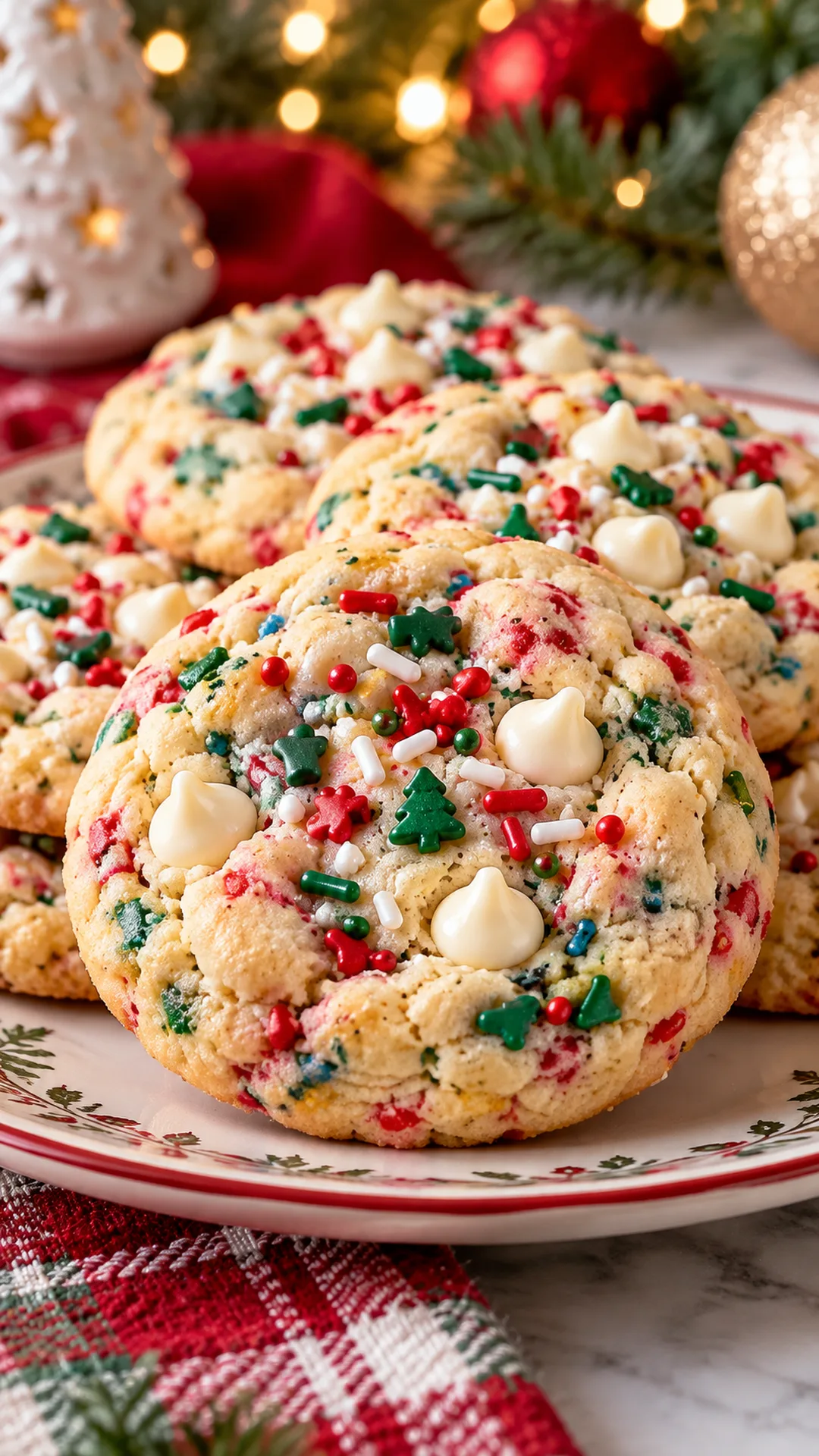 Birthday Cake Funfetti Christmas Cookies cookies arranged on a plate, photographed close enough to show their baked surface and finish.