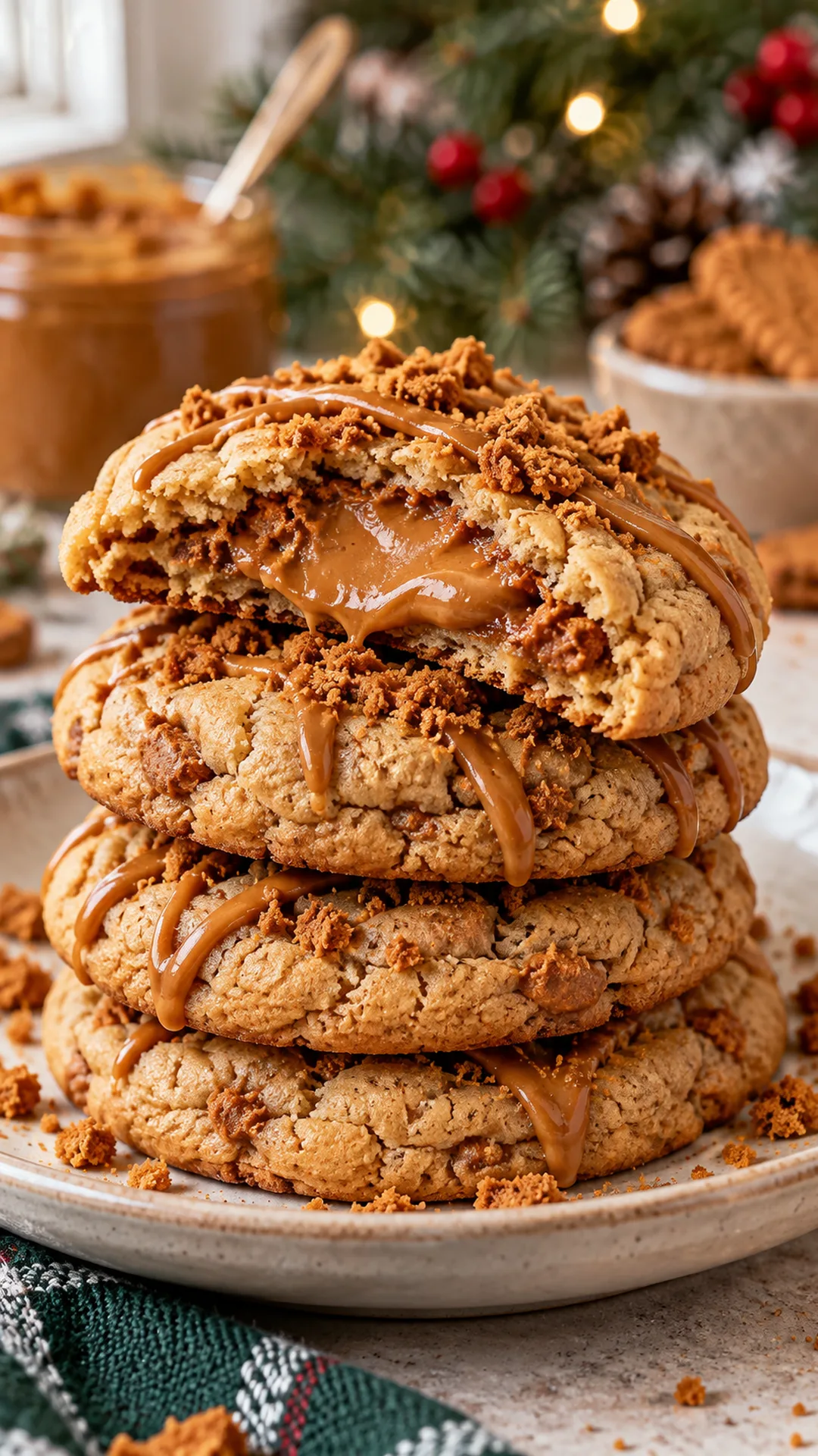 Biscoff Butter Stuffed Cookies cookies arranged on a plate, photographed close enough to show their baked surface and finish.