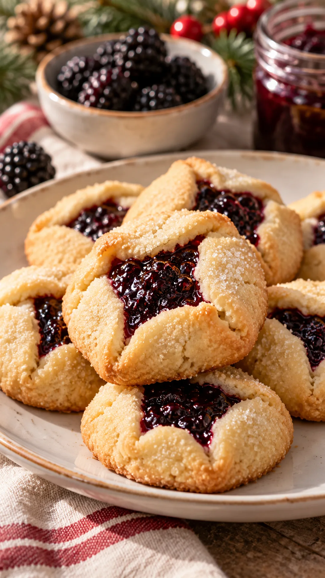 Blackberry Jam Pocket Cookies cookies arranged on a plate, photographed close enough to show their baked surface and finish.