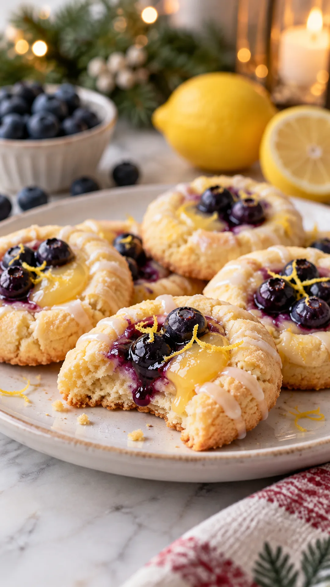Blueberry Lemon Curd Cookies cookies arranged on a plate, photographed close enough to show their baked surface and finish.