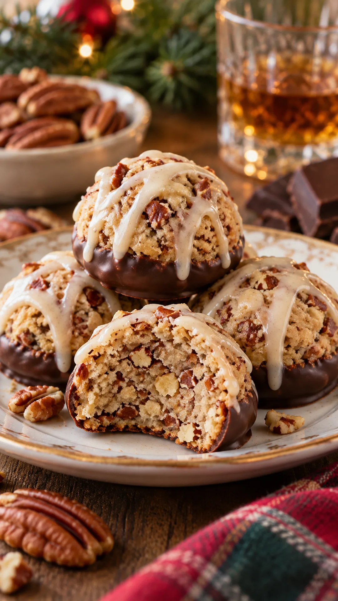 Bourbon Pecan Ball Cookies cookies arranged on a plate, photographed close enough to show their baked surface and finish.