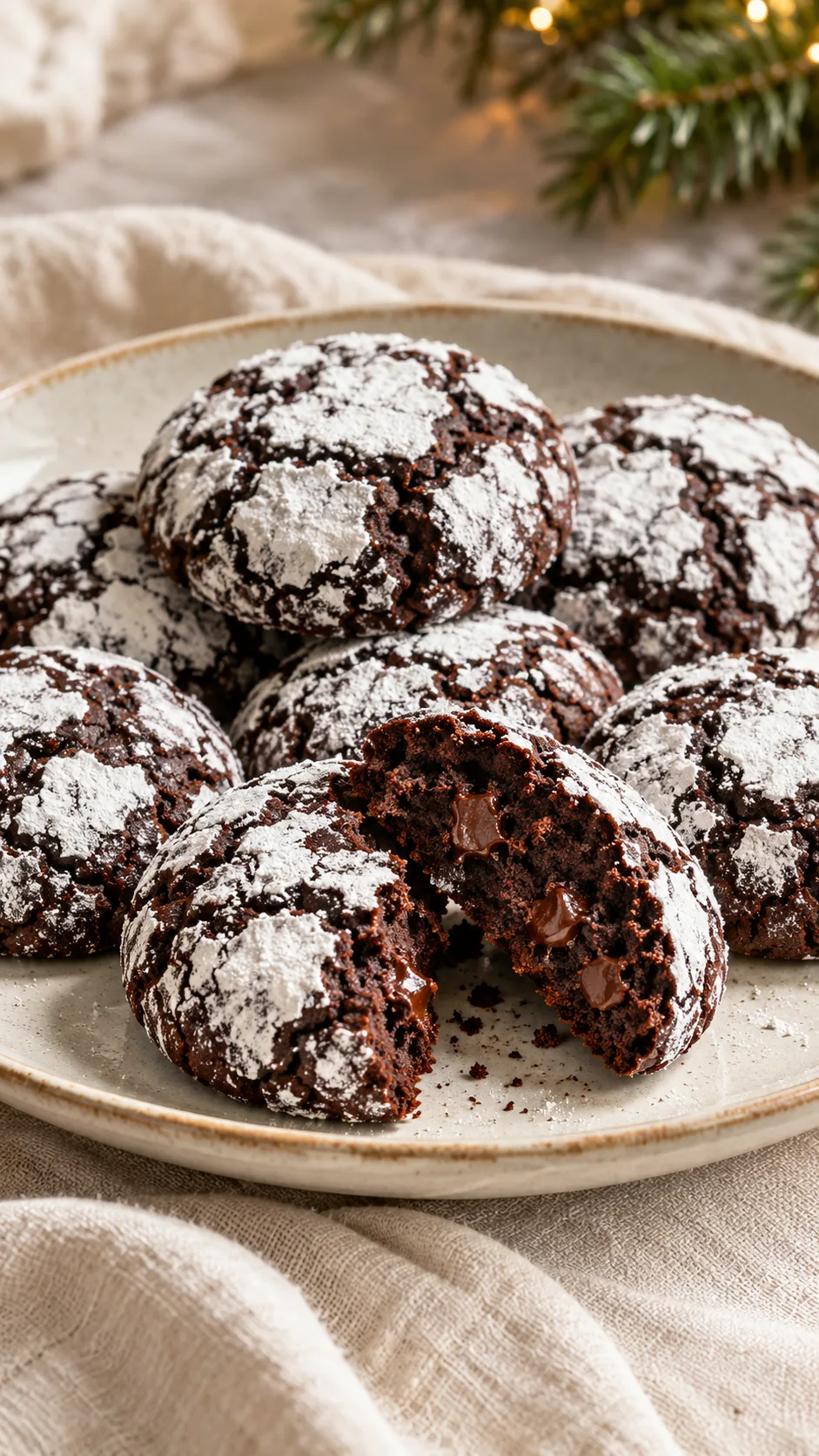 Dark chocolate espresso crinkles with white sugar cracks and a broken cookie showing chocolate chips