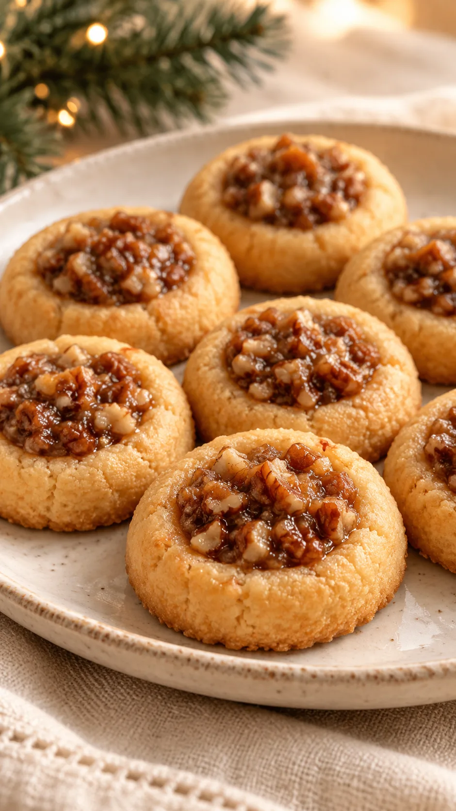 Golden brown-butter thumbprint cookies with chopped pecans in glossy brown-sugar filling