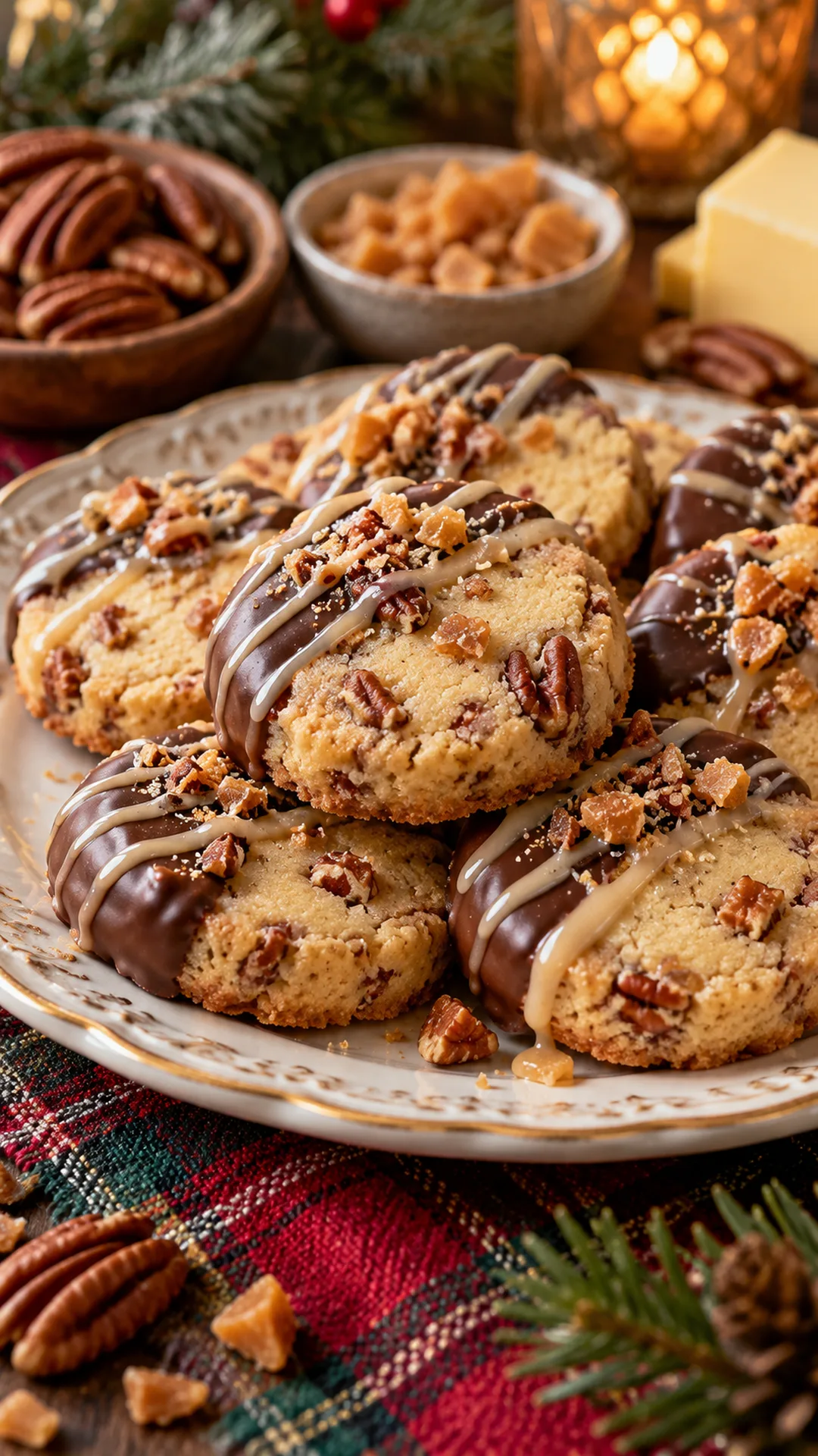 Brown Butter Pecan Toffee Shortbread cookies arranged on a plate, photographed close enough to show their baked surface and finish.