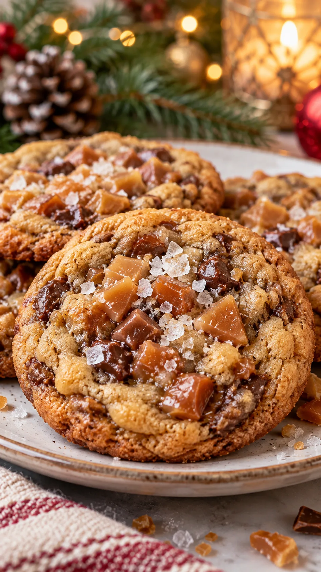 Brown Butter Salted Toffee Cookies cookies arranged on a plate, photographed close enough to show their baked surface and finish.