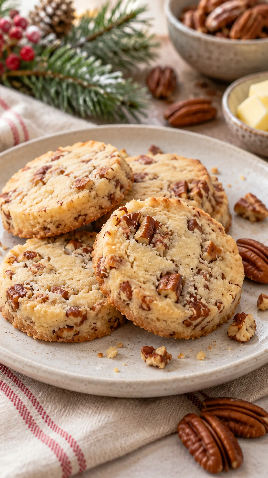 Butter Pecan Sandies cookies arranged on a plate, photographed close enough to show their baked surface and finish.