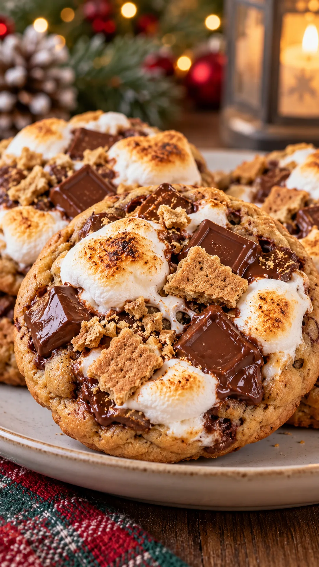 Campfire S’mores Christmas Cookies cookies arranged on a plate, photographed close enough to show their baked surface and finish.