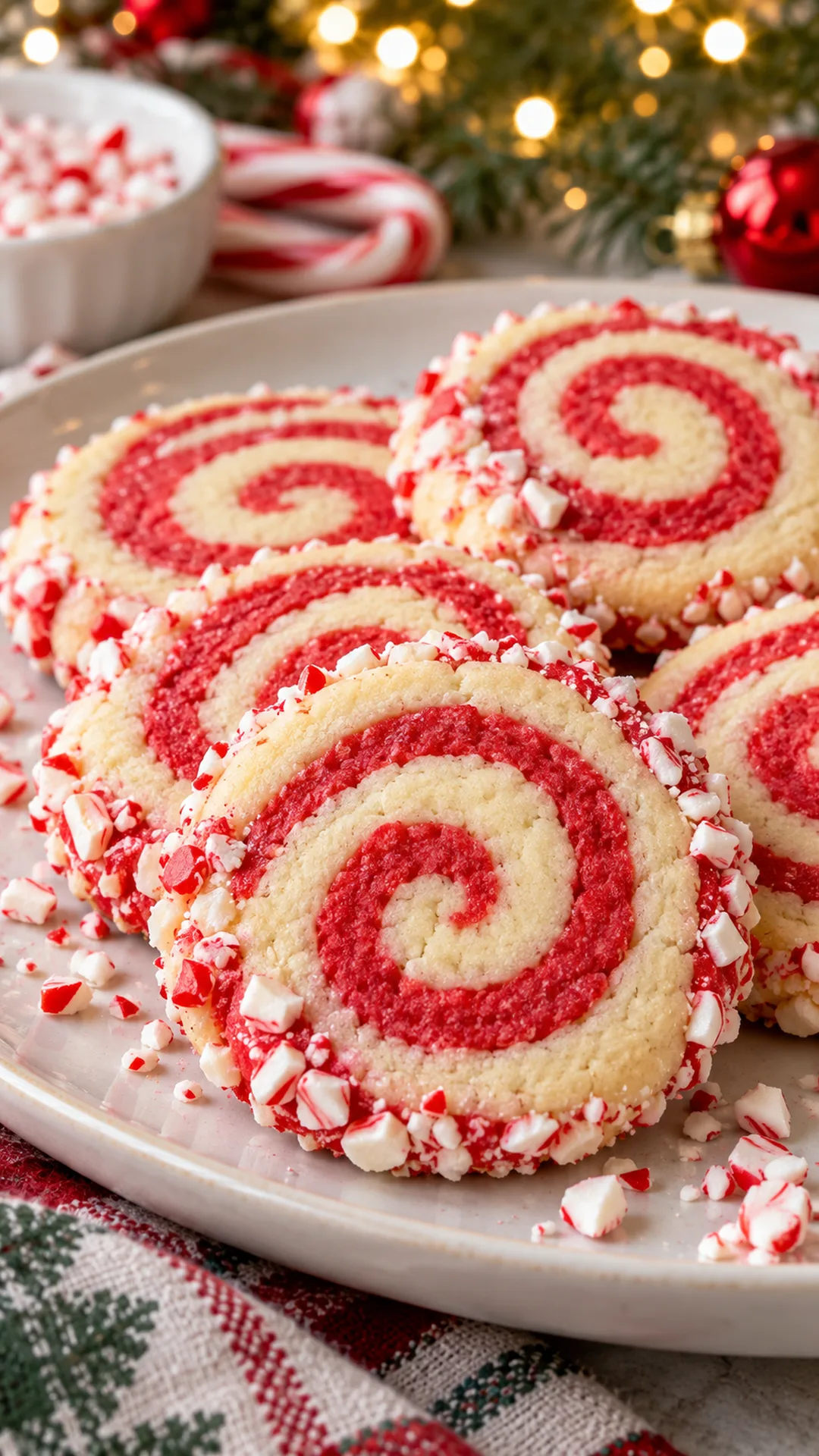 Candy Cane Swirl Cookies cookies arranged on a plate, photographed close enough to show their baked surface and finish.