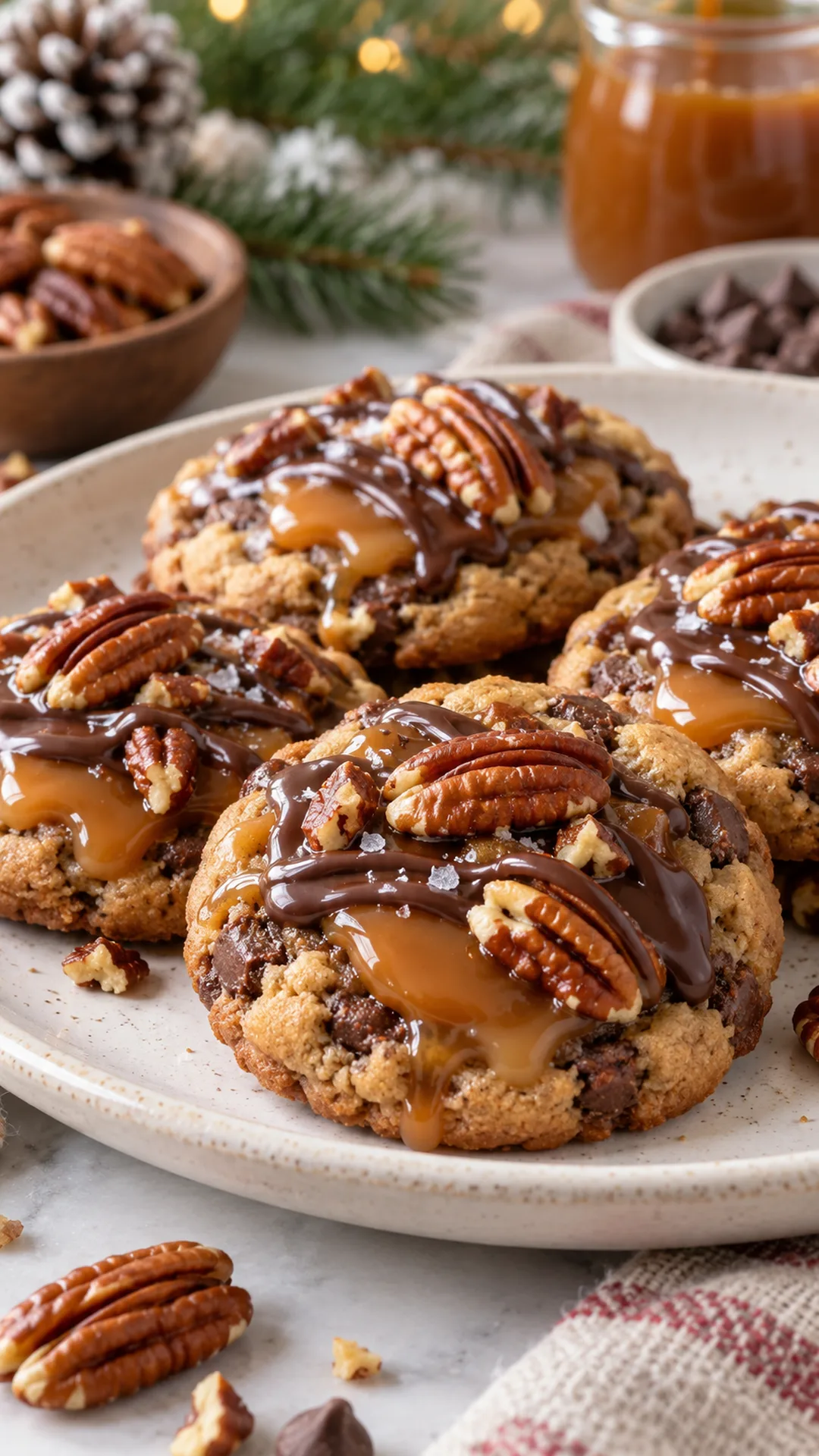 Caramel Pecan Turtle Cookies cookies arranged on a plate, photographed close enough to show their baked surface and finish.