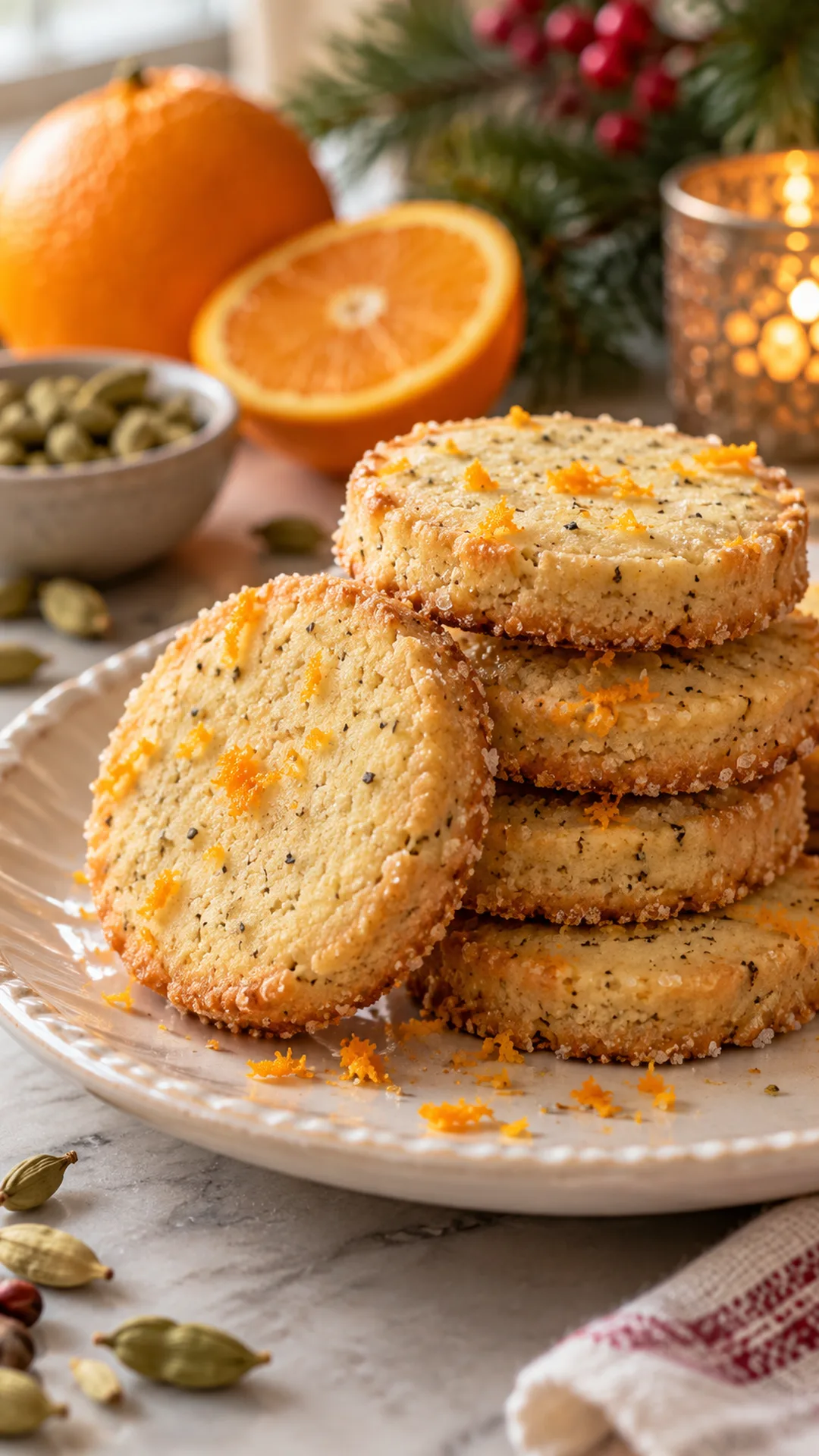 Cardamom Orange Shortbread cookies arranged on a plate, photographed close enough to show their baked surface and finish.