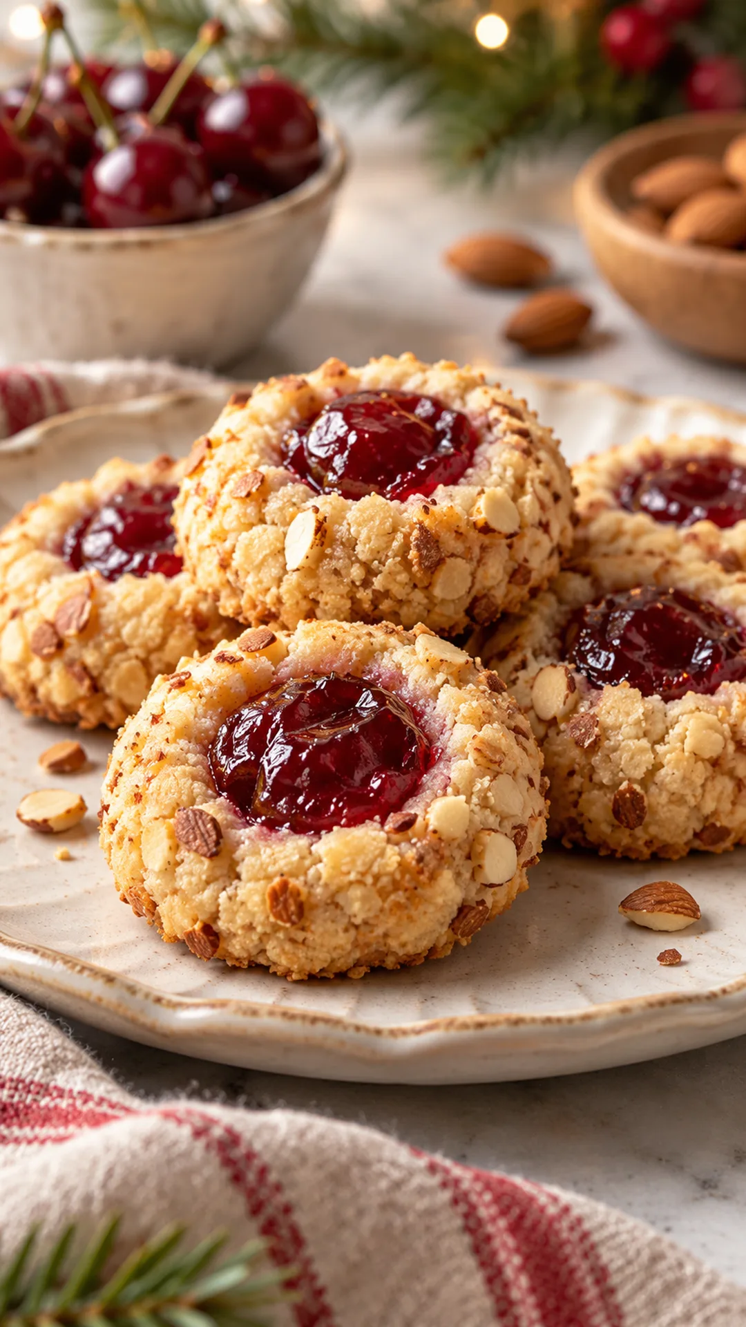 Cherry Almond Thumbprint Cookies cookies arranged on a plate, photographed close enough to show their baked surface and finish.