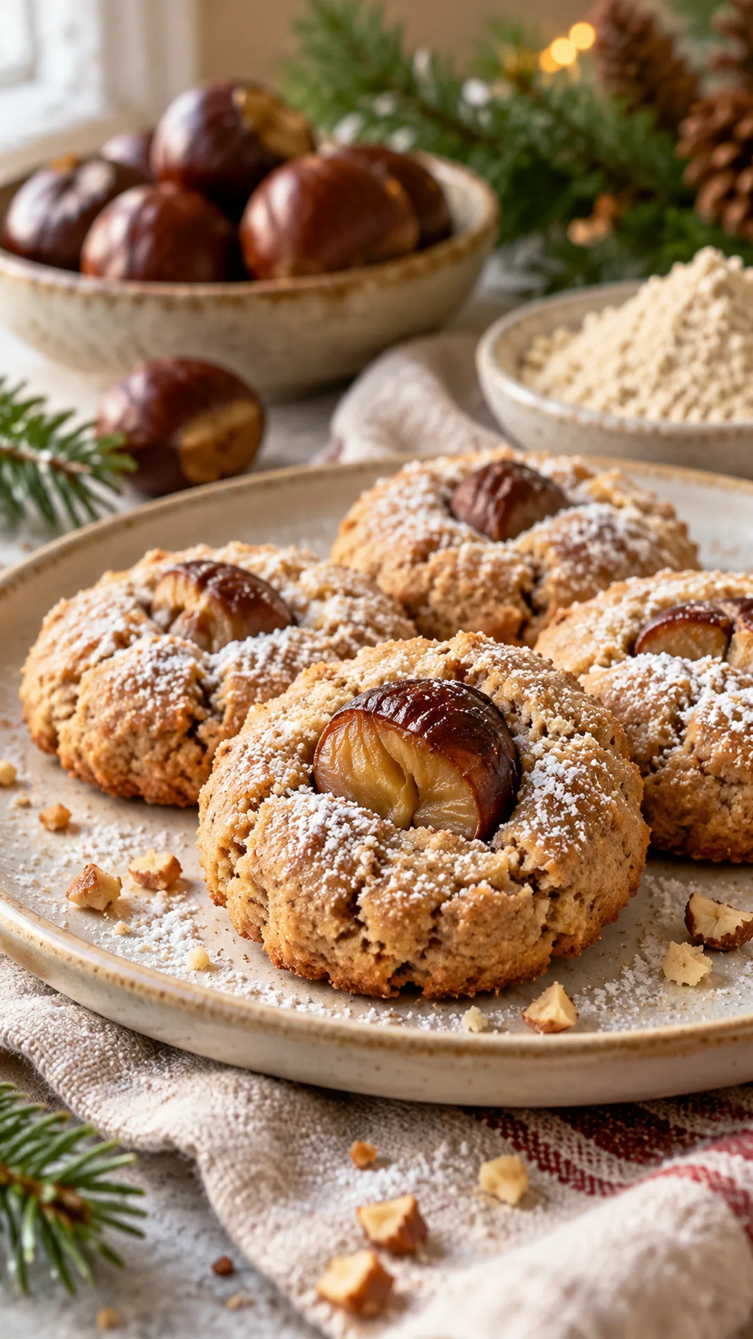 Chestnut Flour Christmas Cookies cookies arranged on a plate, photographed close enough to show their baked surface and finish.