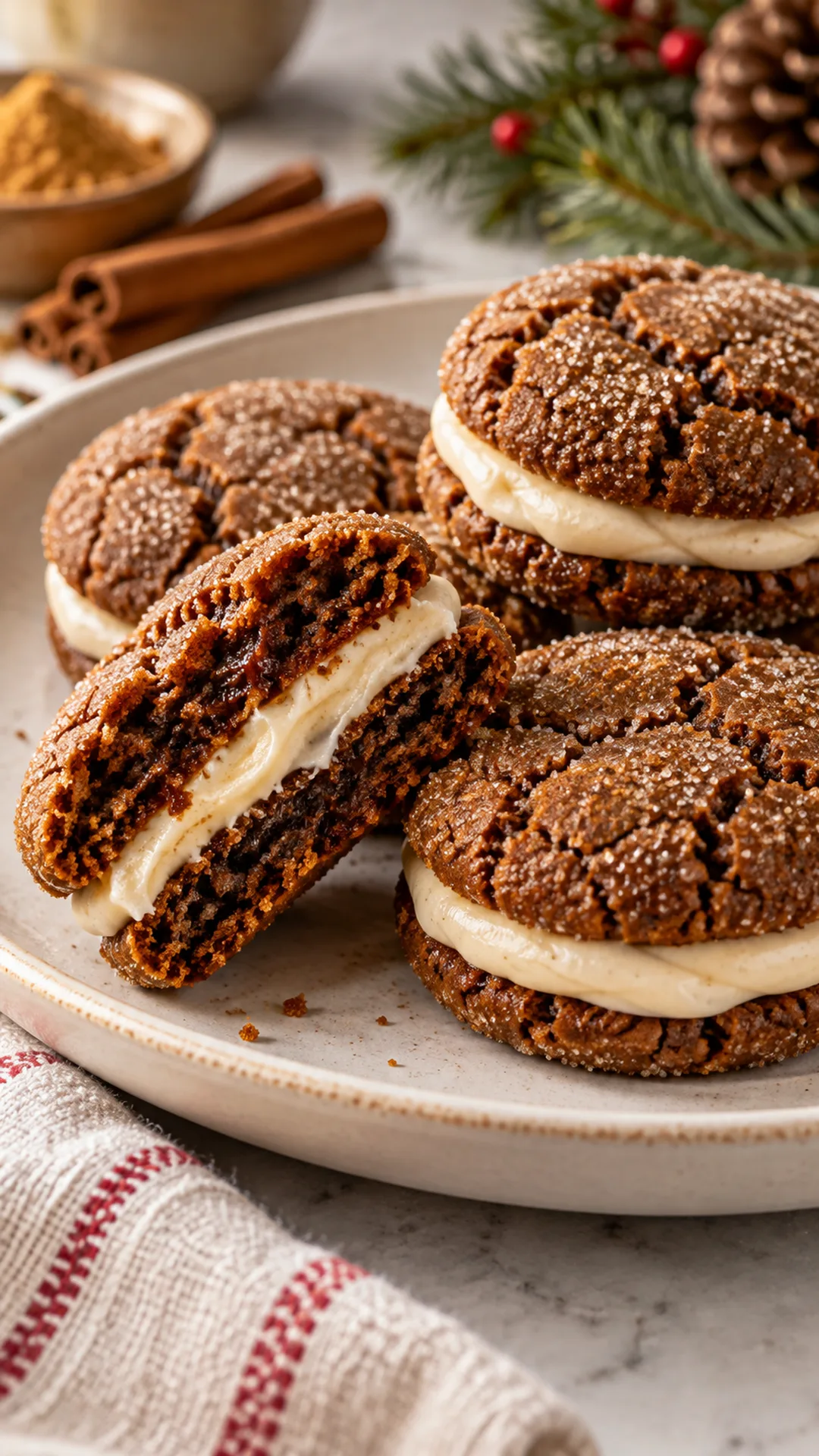 Chewy Ginger Molasses Sandwiches cookies arranged on a plate, photographed close enough to show their baked surface and finish.
