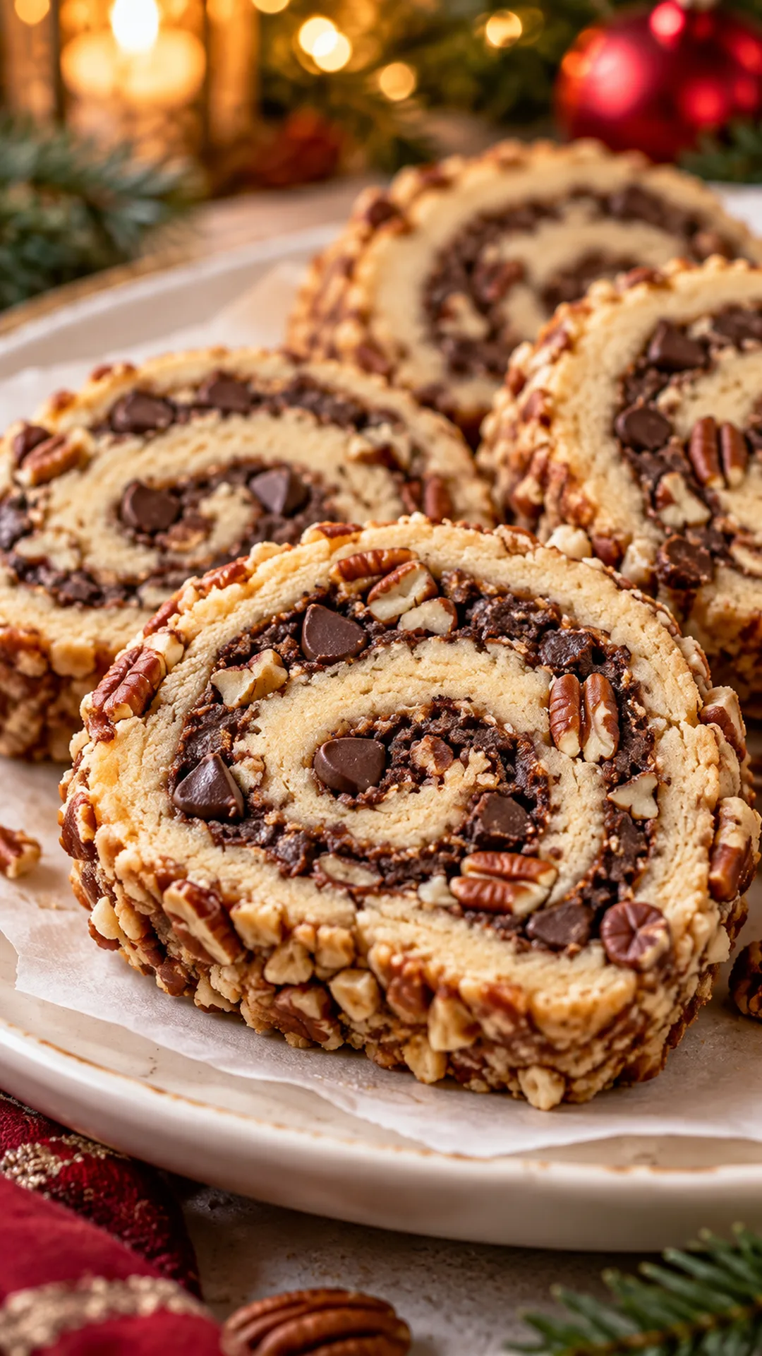 Chocolate Chip Pecan Log Cookies cookies arranged on a plate, photographed close enough to show their baked surface and finish.