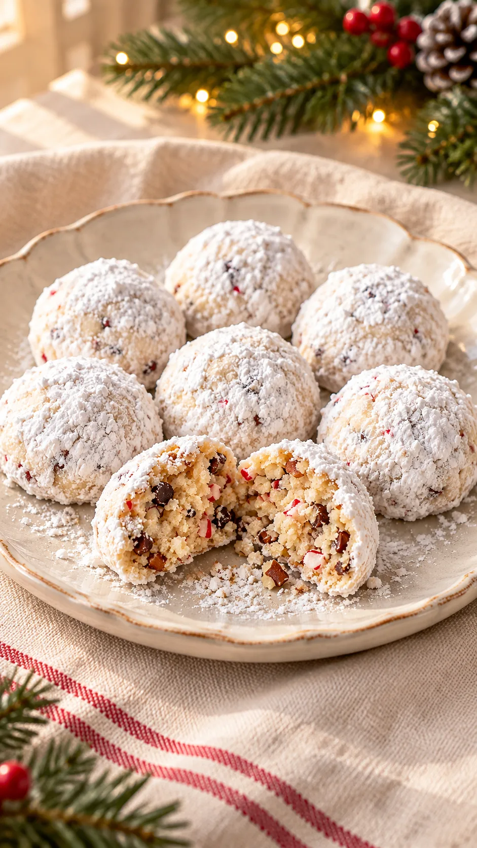 Powdered-sugar snowballs, one split to reveal pecans, mini chocolate chips and peppermint flecks