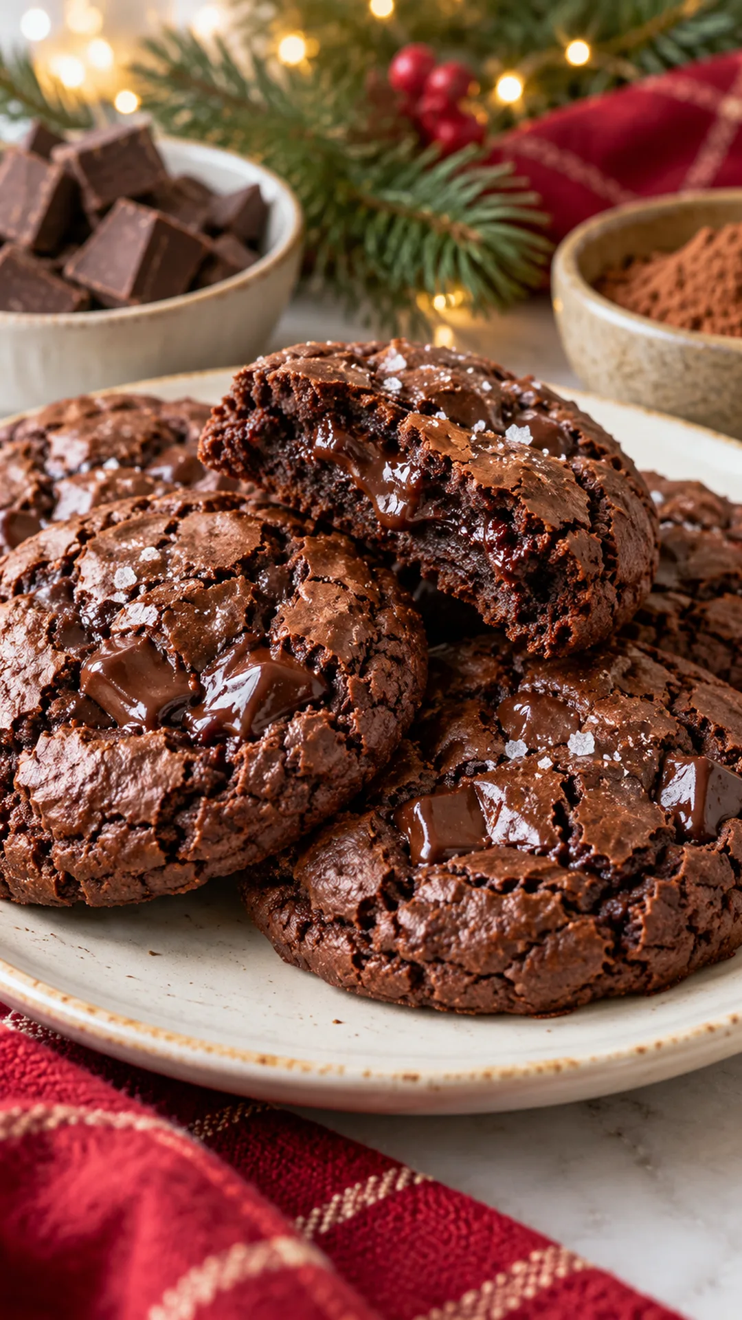 Chocolate Fudge Brownie Cookies cookies arranged on a plate, photographed close enough to show their baked surface and finish.