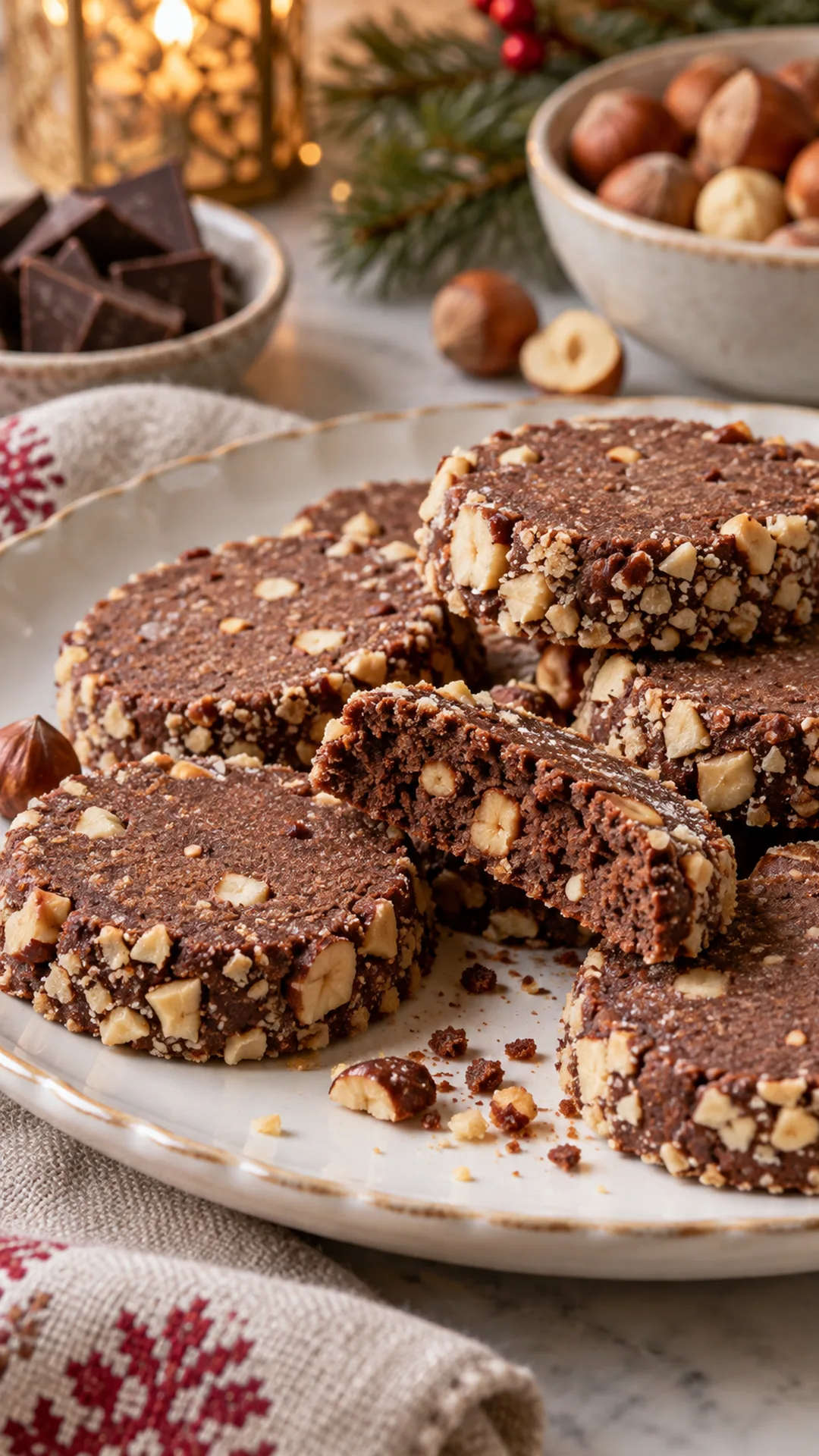 Chocolate Hazelnut Sablés cookies arranged on a plate, photographed close enough to show their baked surface and finish.
