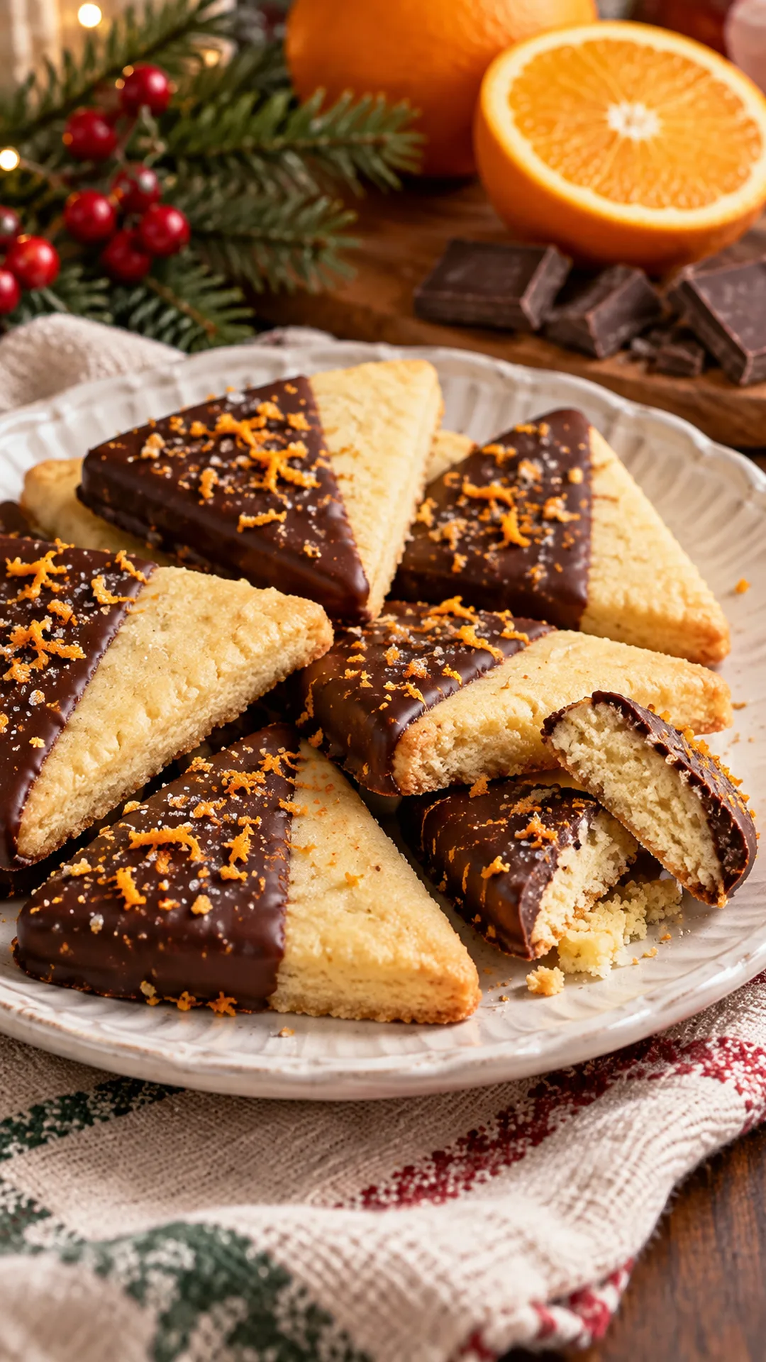 Chocolate Orange Shortbread Wedges cookies arranged on a plate, photographed close enough to show their baked surface and finish.