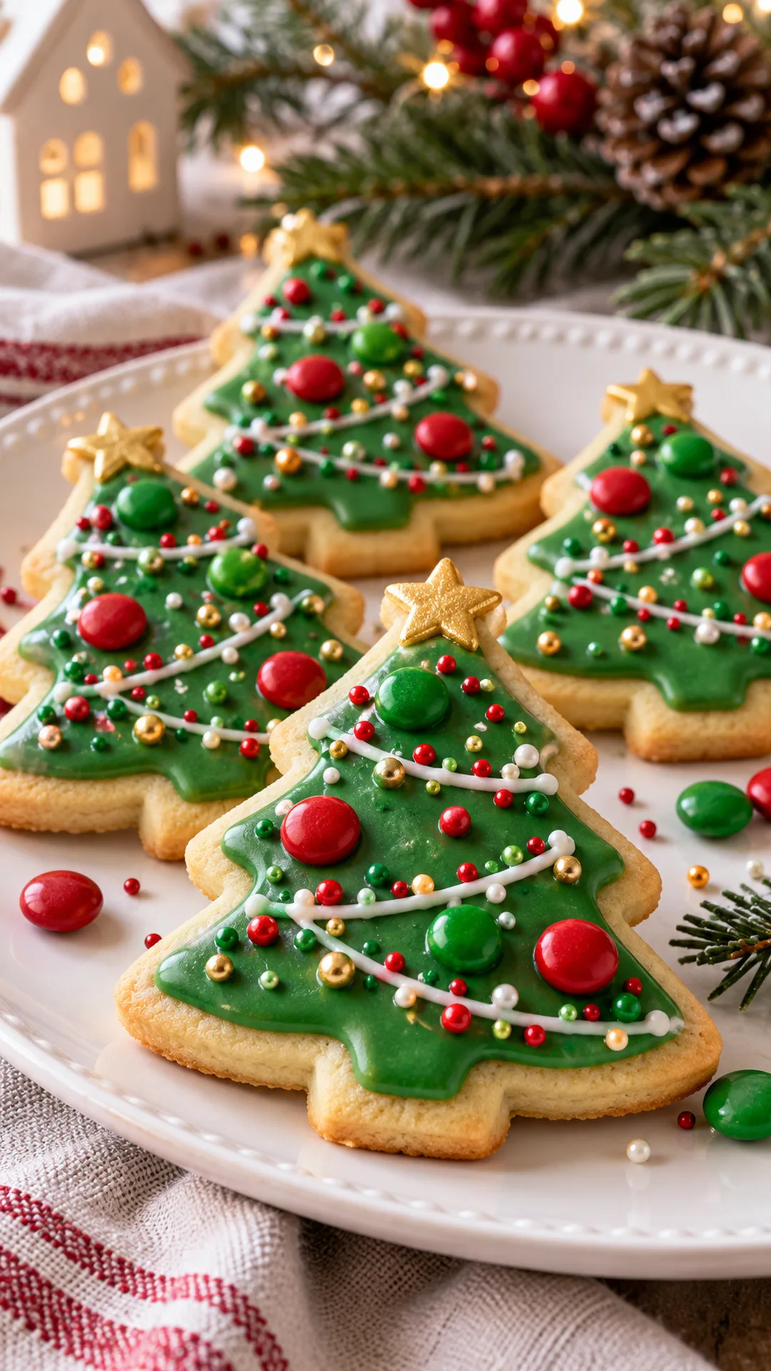 Christmas Tree M&M Cookies cookies arranged on a plate, photographed close enough to show their baked surface and finish.