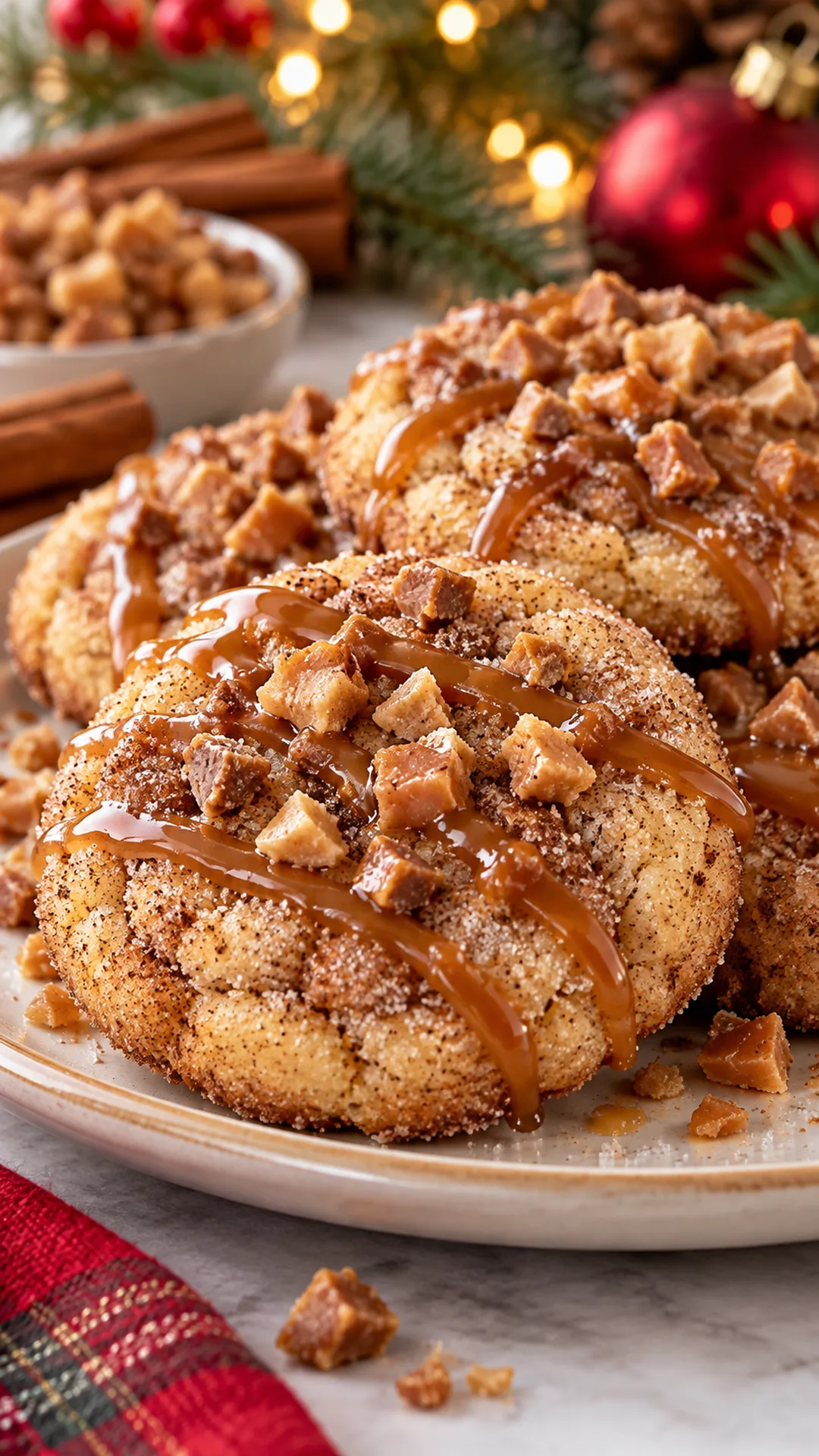 Churro Toffee Holiday Cookies cookies arranged on a plate, photographed close enough to show their baked surface and finish.
