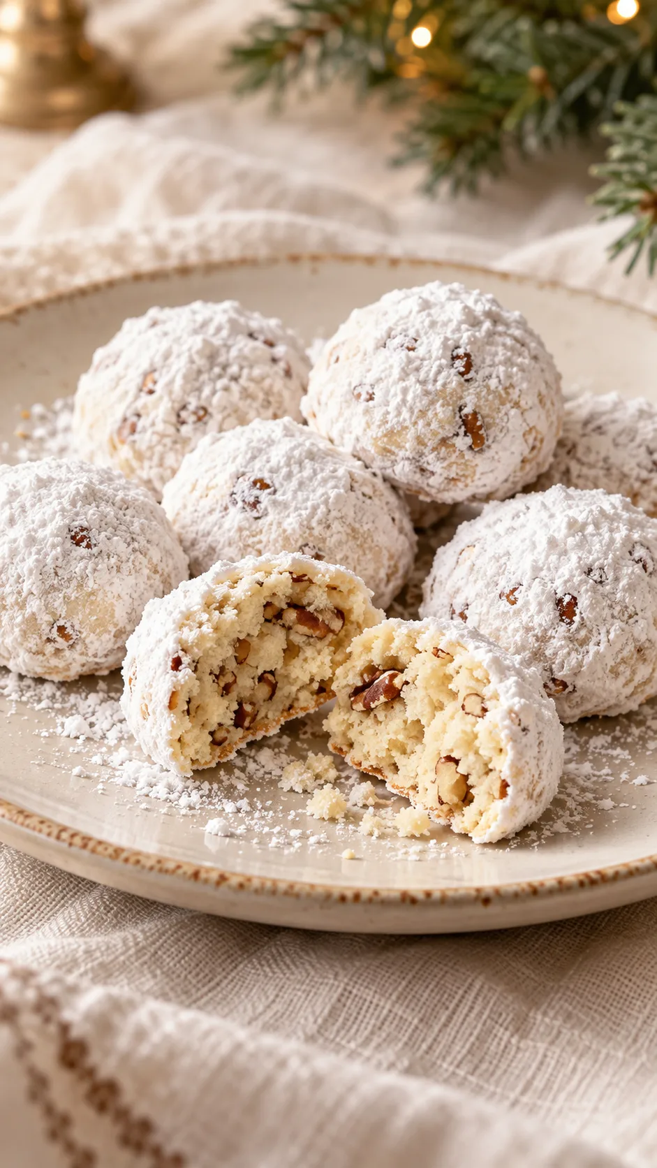 White powdered-sugar pecan snowballs with a broken cookie showing the crumbly nut-filled center