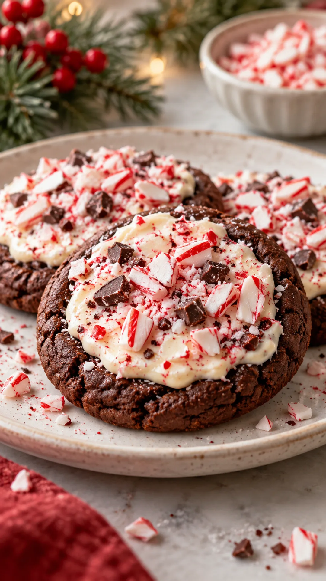 Copycat Crumbl Peppermint Bark Cookies cookies arranged on a plate, photographed close enough to show their baked surface and finish.