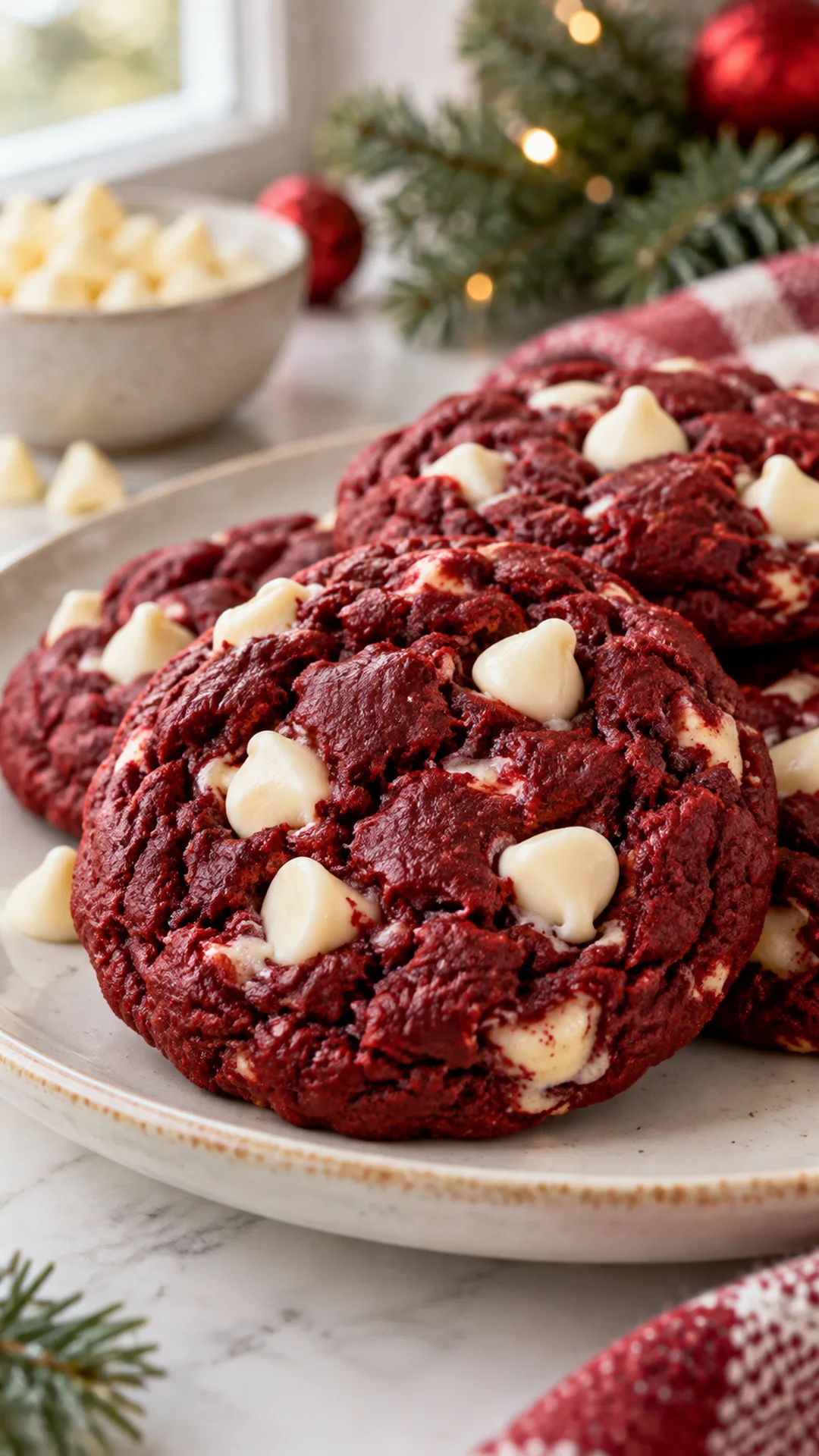 Copycat Crumbl Red Velvet White Chip Cookies cookies arranged on a plate, photographed close enough to show their baked surface and finish.