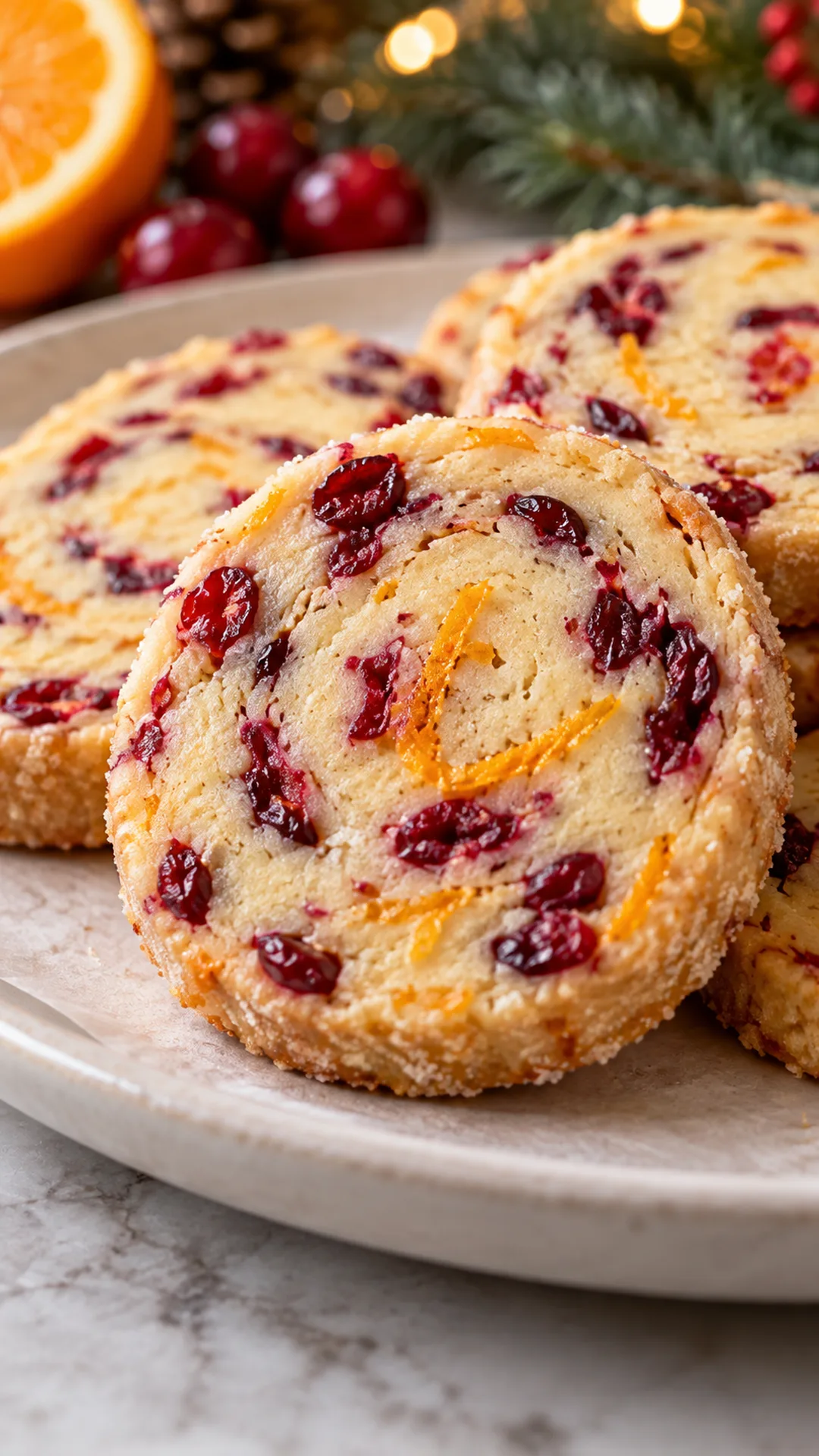 Cranberry Orange Icebox Cookies cookies arranged on a plate, photographed close enough to show their baked surface and finish.