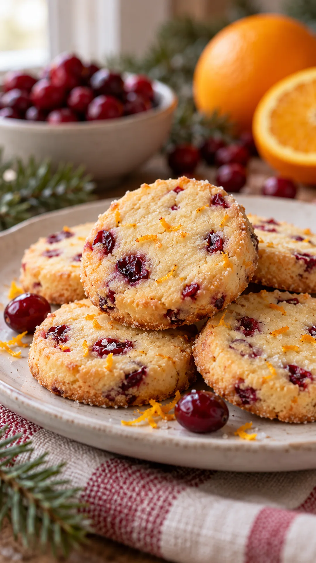 Cranberry Orange Shortbread cookies arranged on a plate, photographed close enough to show their baked surface and finish.