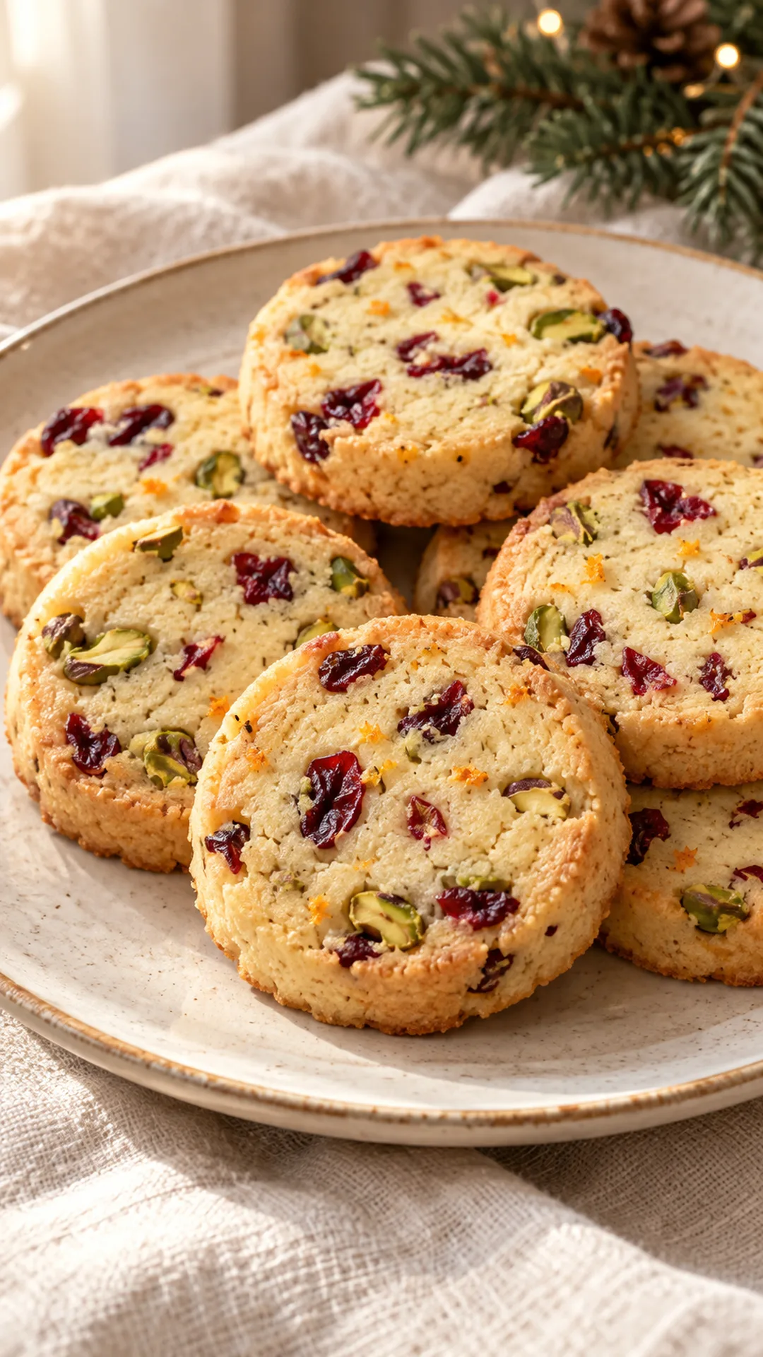 Golden shortbread rounds with dried cranberry pieces, green pistachios and tiny orange zest flecks