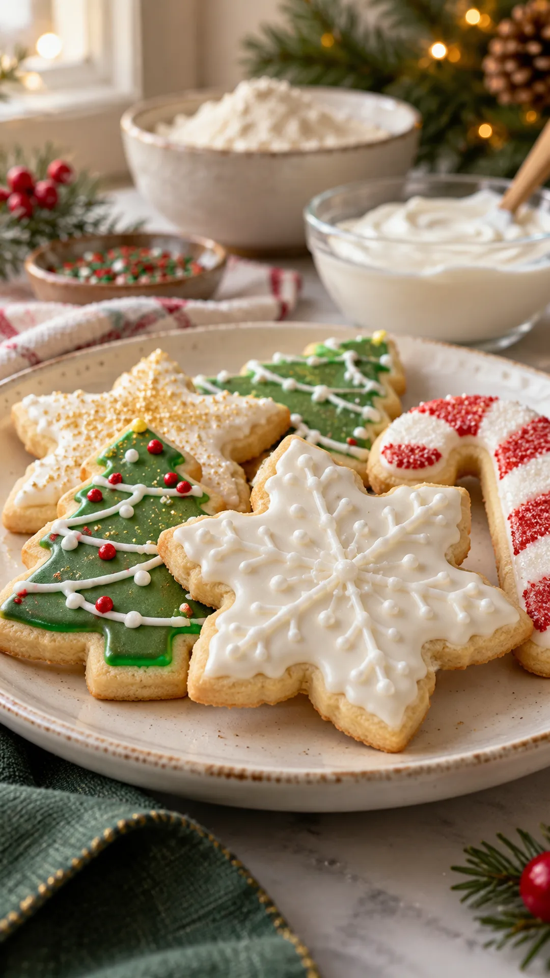 Dairy-Free Sugar Cookies with Vegan Royal Icing cookies arranged on a plate, photographed close enough to show their baked surface and finish.