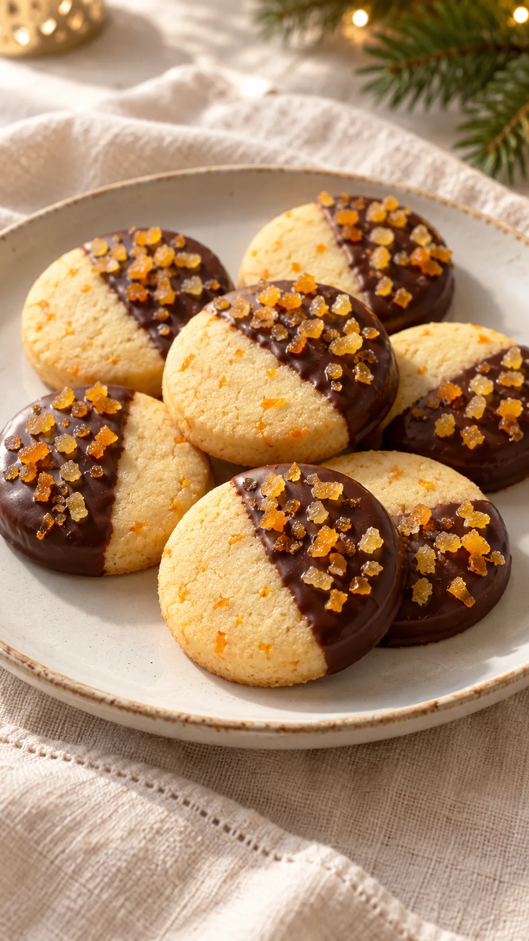 Orange shortbread rounds dipped halfway in dark chocolate and topped with chopped candied orange peel