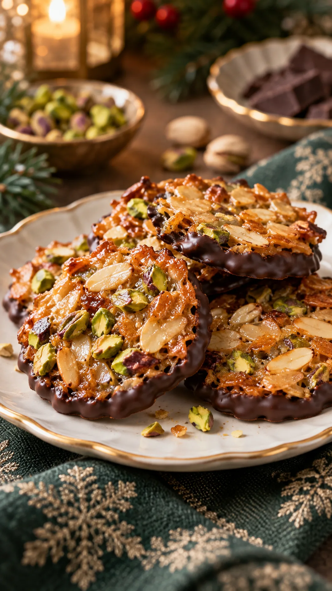 Dark Chocolate Pistachio Florentines cookies arranged on a plate, photographed close enough to show their baked surface and finish.