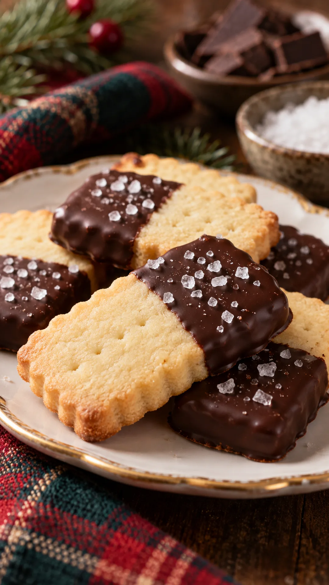 Dark Chocolate Sea Salt Dipped Shortbread cookies arranged on a plate, photographed close enough to show their baked surface and finish.