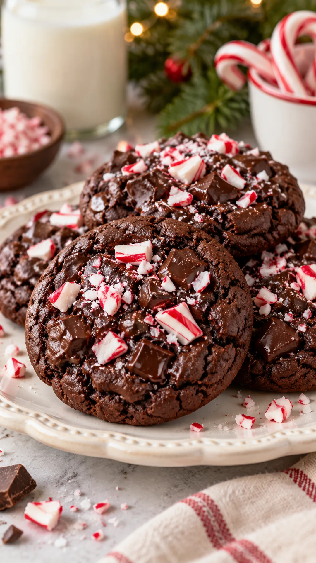 Double Chocolate Peppermint Cookies cookies arranged on a plate, photographed close enough to show their baked surface and finish.
