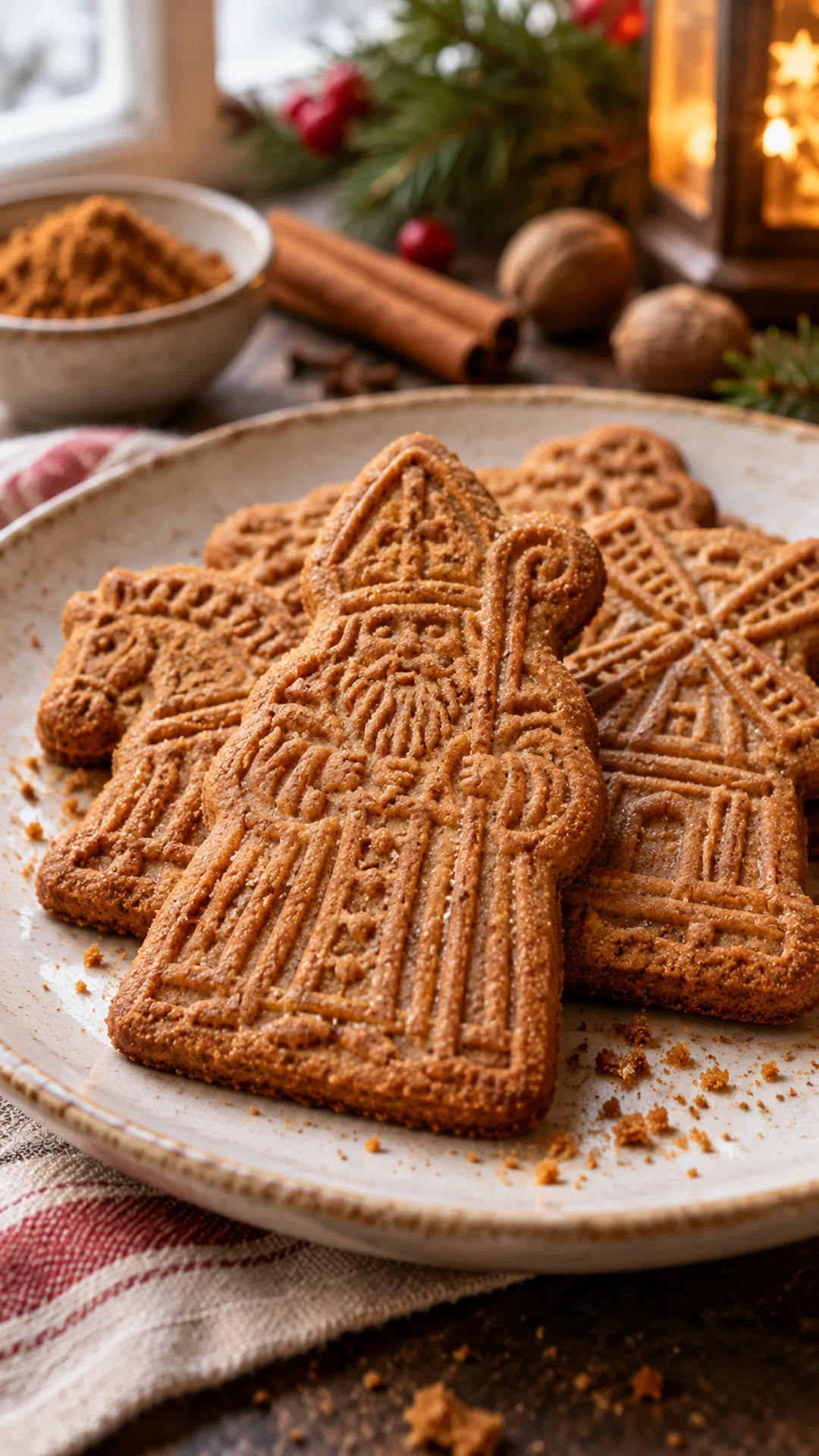 Dutch Speculaas Spiced Cookies cookies arranged on a plate, photographed close enough to show their baked surface and finish.