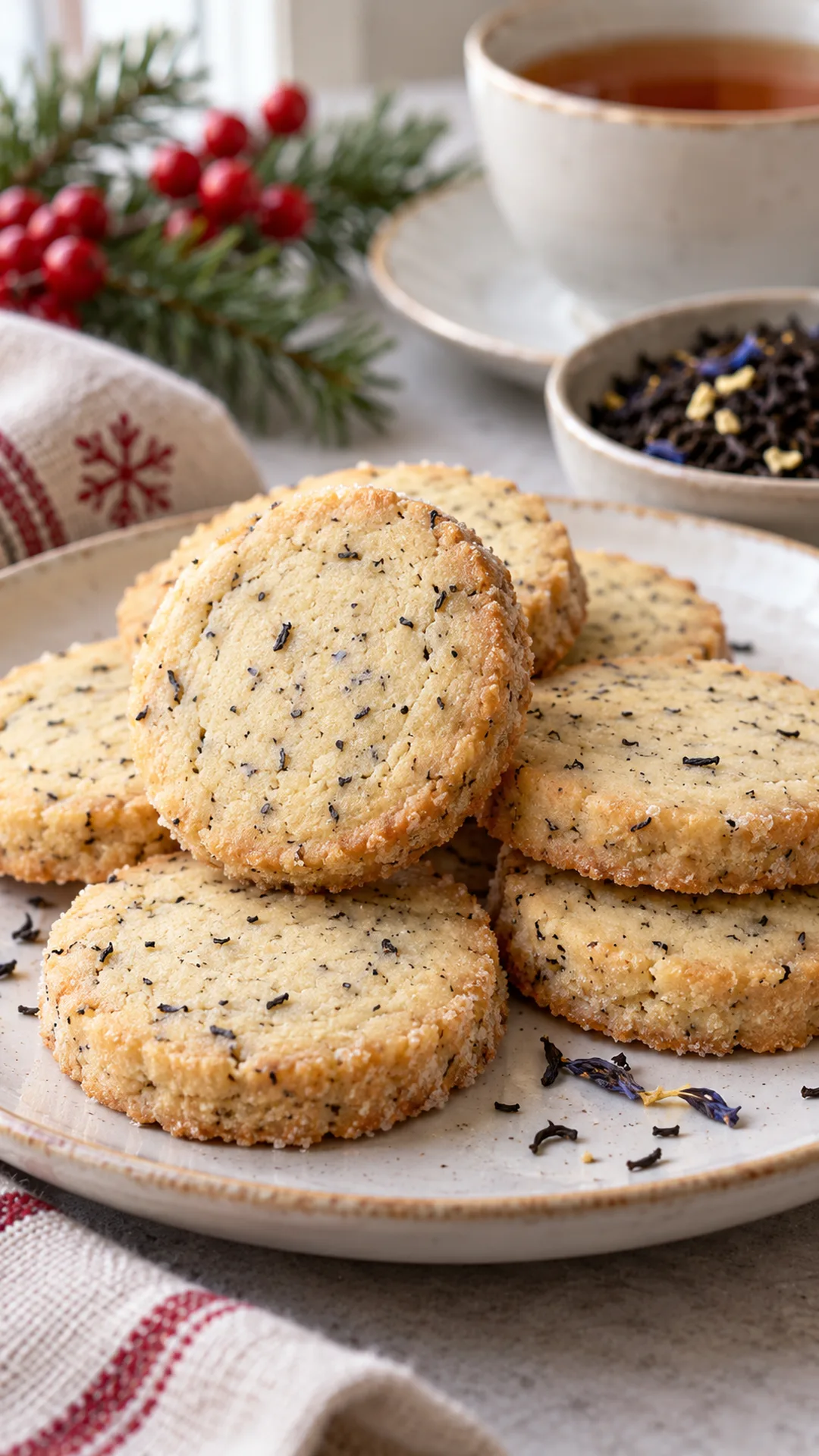 Earl Grey Shortbread Cookies cookies arranged on a plate, photographed close enough to show their baked surface and finish.