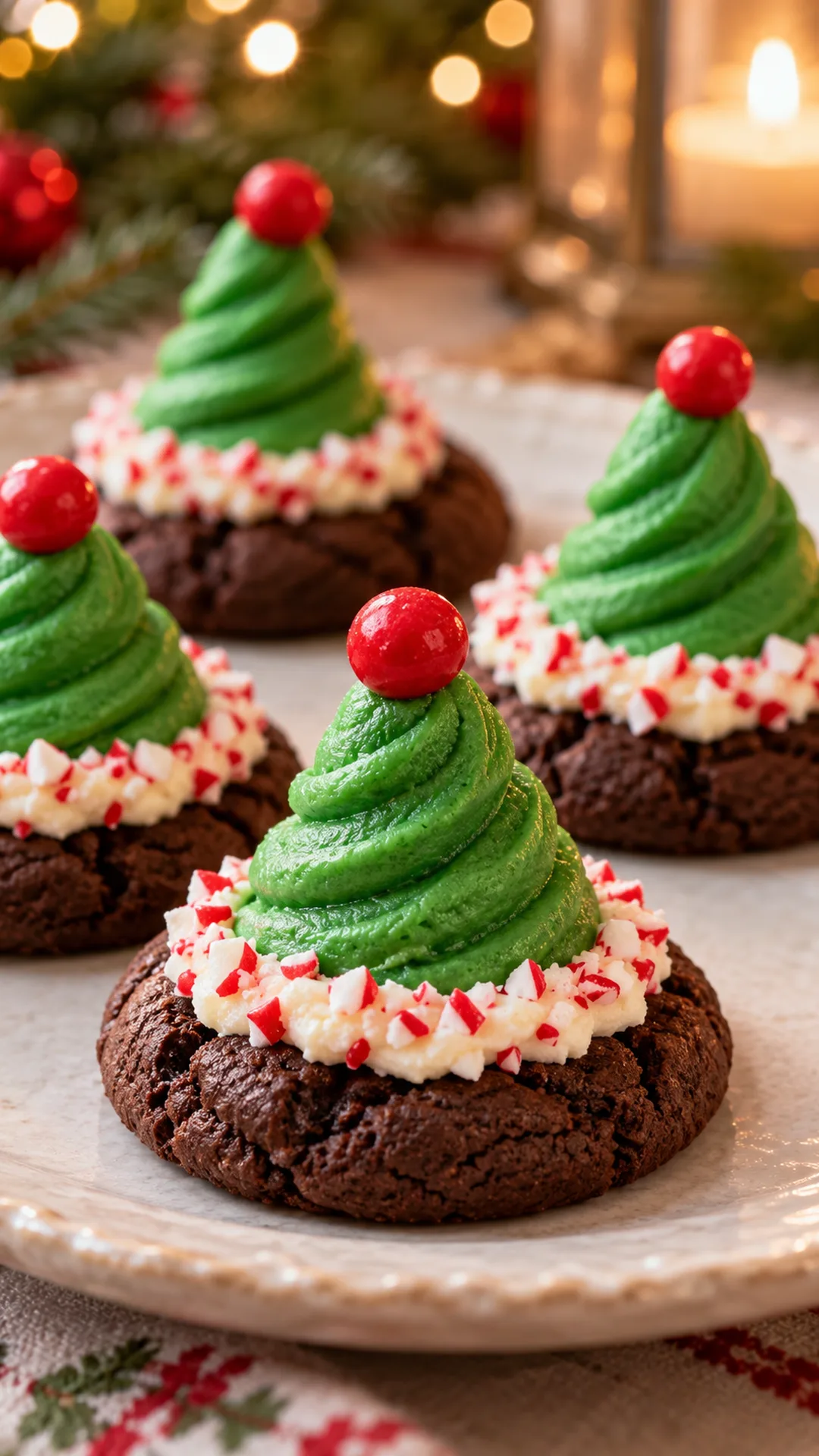 Elf Hat Chocolate Cookies cookies arranged on a plate, photographed close enough to show their baked surface and finish.