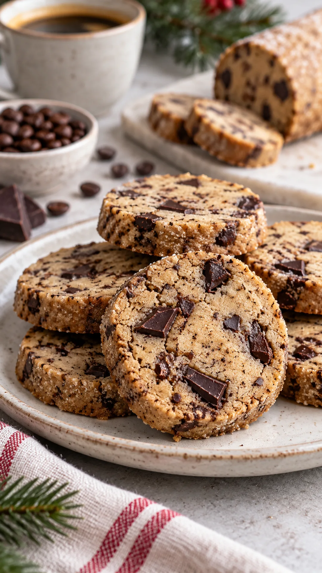 Espresso Chocolate Chunk Icebox Cookies cookies arranged on a plate, photographed close enough to show their baked surface and finish.
