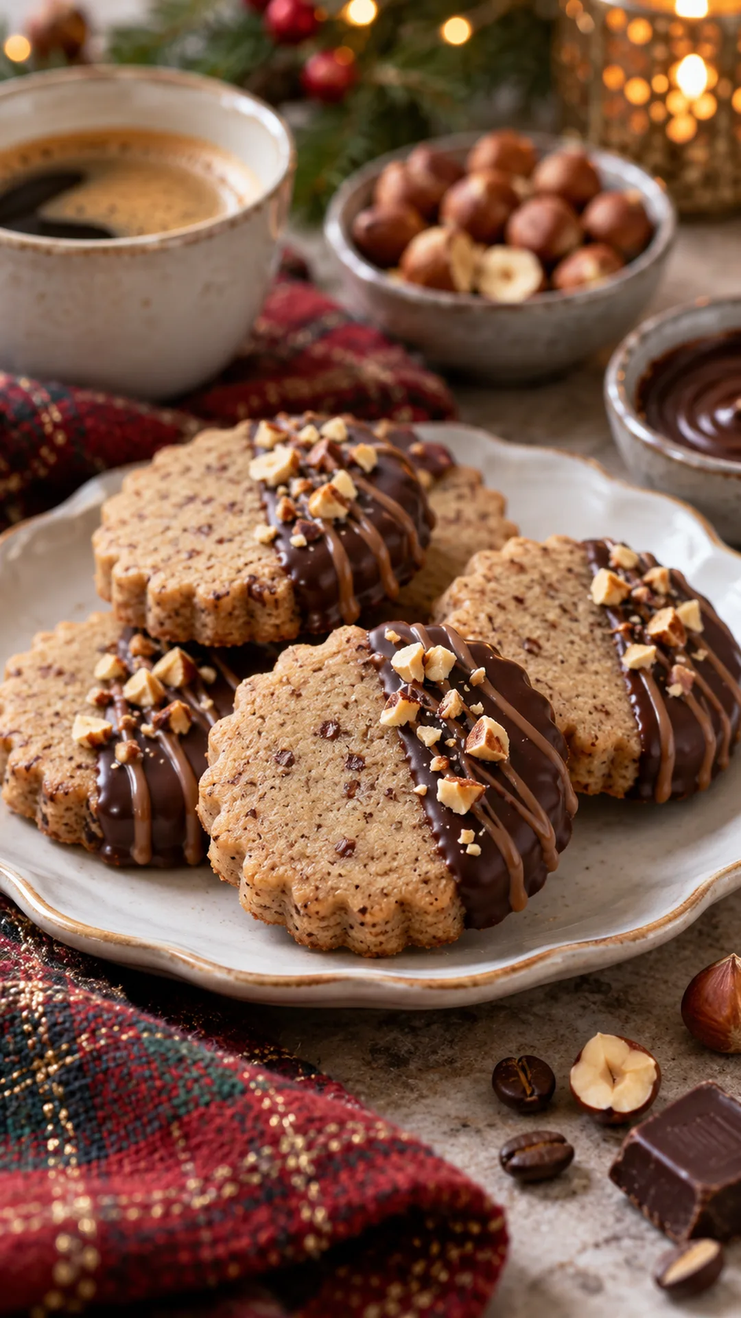 Espresso Hazelnut Sablés cookies arranged on a plate, photographed close enough to show their baked surface and finish.