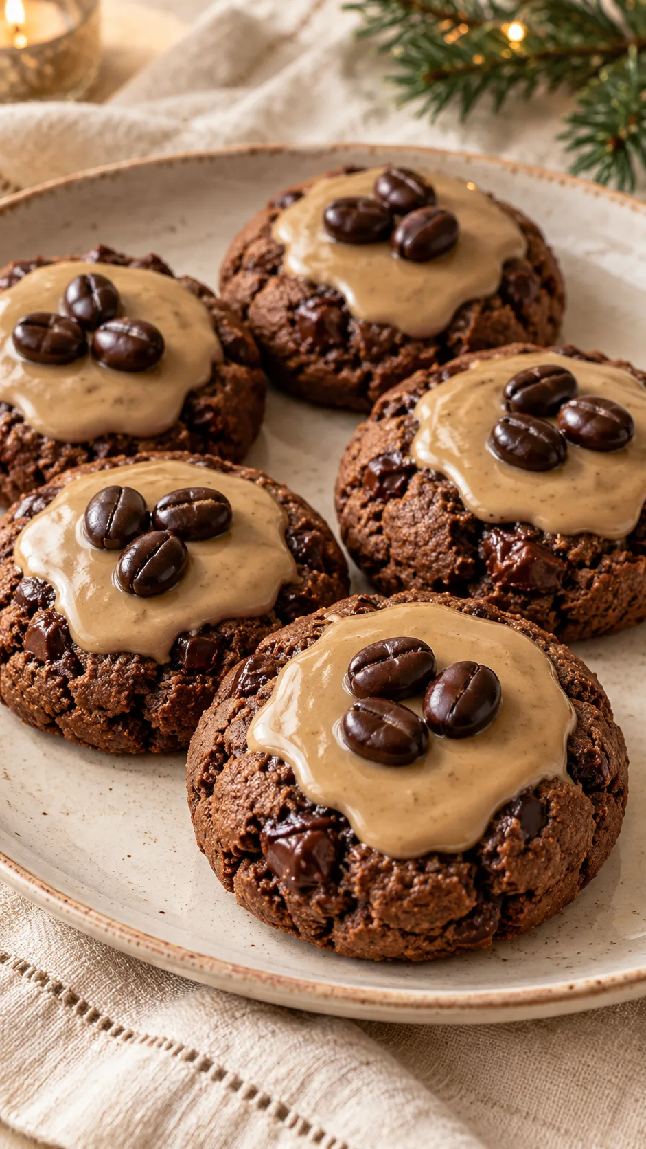 Coffee-glazed chocolate cookies, each decorated with three chocolate-covered coffee beans