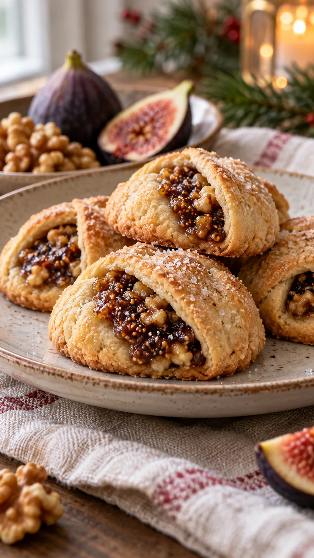 Fig and Walnut Filled Cookies cookies arranged on a plate, photographed close enough to show their baked surface and finish.