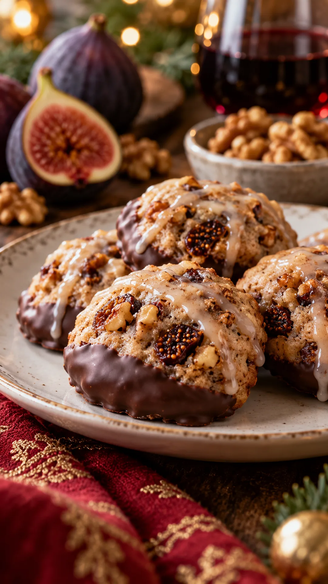 Fig Walnut Port Cookies cookies arranged on a plate, photographed close enough to show their baked surface and finish.