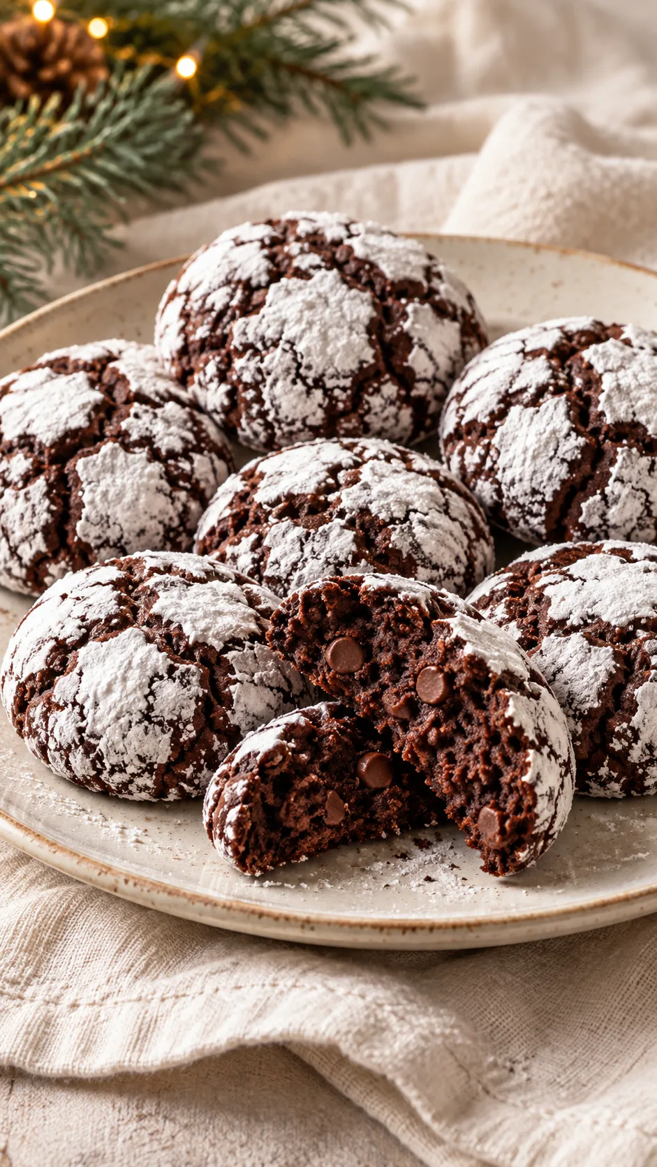 Chocolate crinkles with snowy sugar cracks and a split cookie showing a soft chocolate-chip center