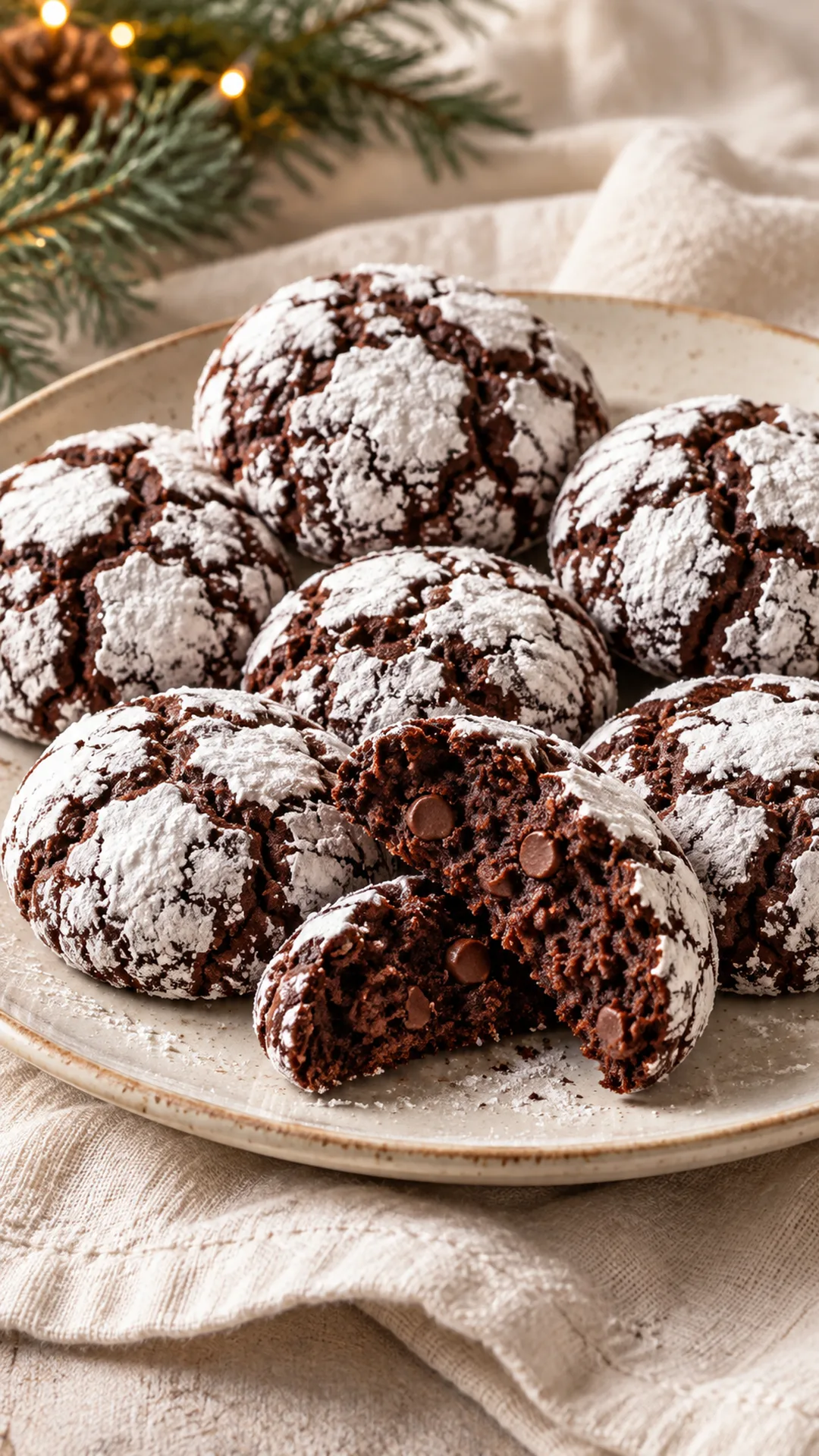 Chocolate crinkles with snowy sugar cracks and a split cookie showing a soft chocolate-chip center