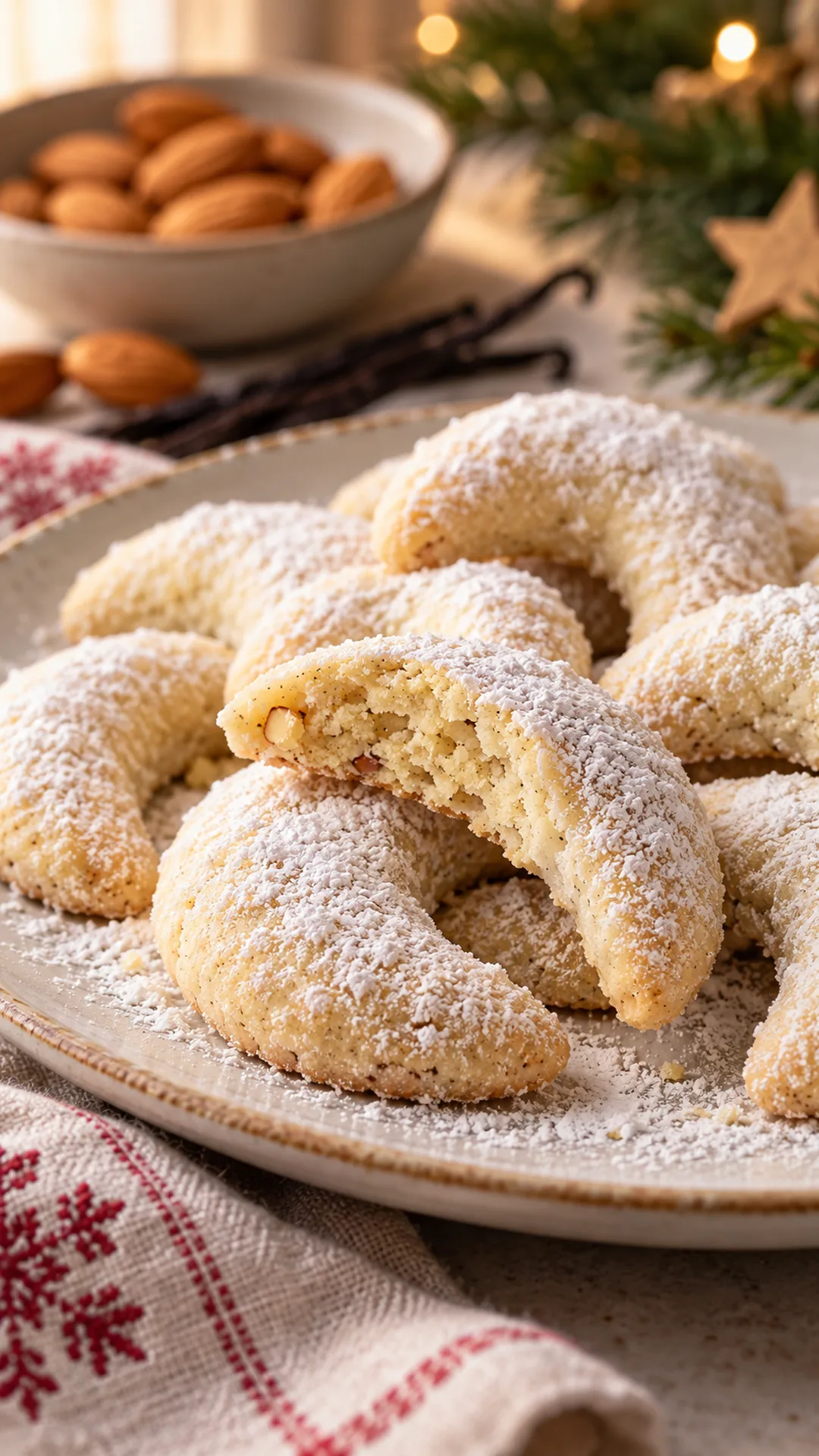 German Vanillekipferl cookies arranged on a plate, photographed close enough to show their baked surface and finish.
